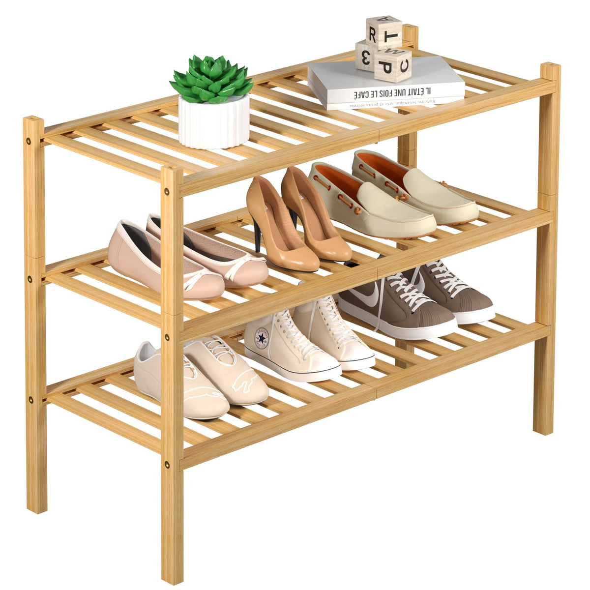Romguar Craft 3 Tier Bamboo Shoe Rack For Closet Free Standing Wood Shoe Shelf Storage Organizer For Entryway Small Space Stackable 27'X11'X20' (Natural)