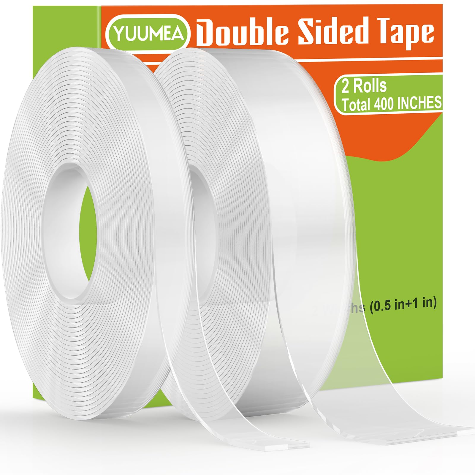 Yuumea Double Sided Tape, Nano Mounting Tape Heavy Duty (2 Sizes, Total 400 Inches), Clear Two Sided Wall Tape, Removable Pictur