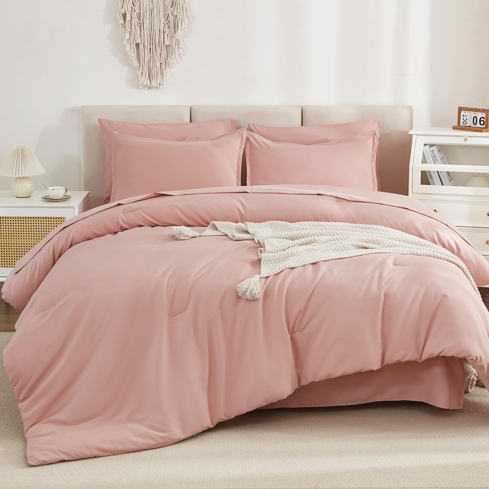 Litanika Comforter Queen Size Set Blush Pink - 7 Pieces Bed In A Bag Queen Beddding Comforter Sets, Plain Lightweight Bed Set Wi