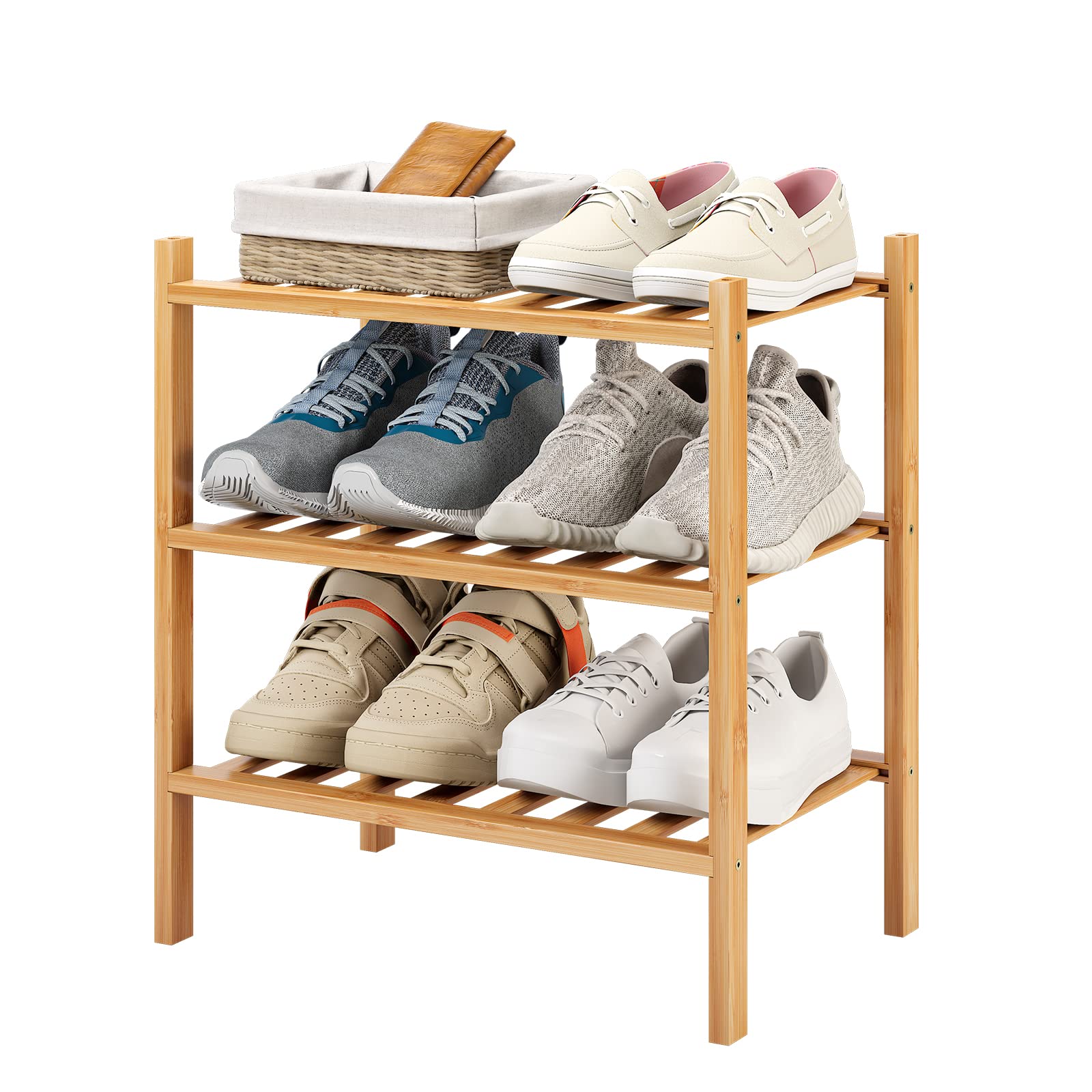 Furshus 3-Tier Small Shoe Rack for Entryway, Stackable | Heavy Duty | Multi-Function, Bamboo Free Standing Shoe Racks for Bedroo