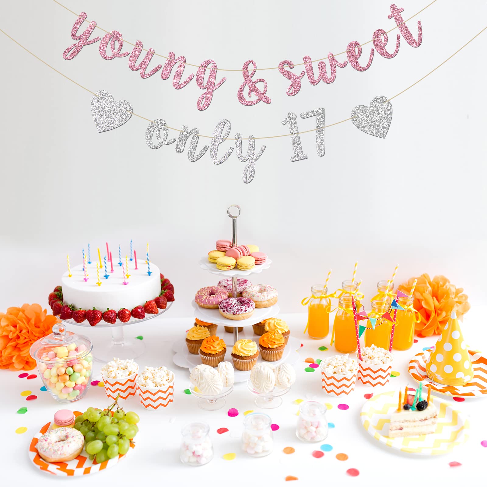 Innoru Young & Sweet Only 17 Banner - Happy 17Th Birthday Party Decor For Girls - Cheers To 17 Years Party Decorations Supplies,