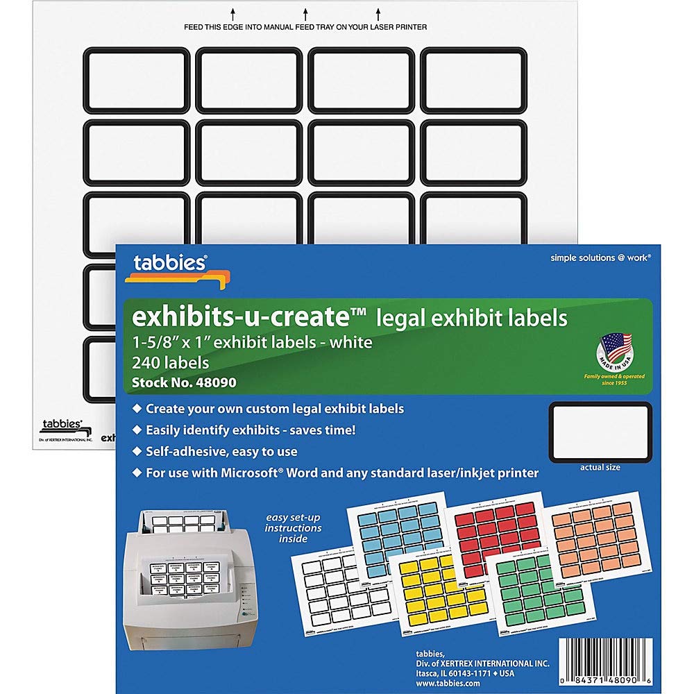 Tabbies Legal Exhibits-U-Create 1-5/8'W X 1'H Labels, 8-1/2'W X 7'H Sheet, 240 Labels/Pack (48090), White