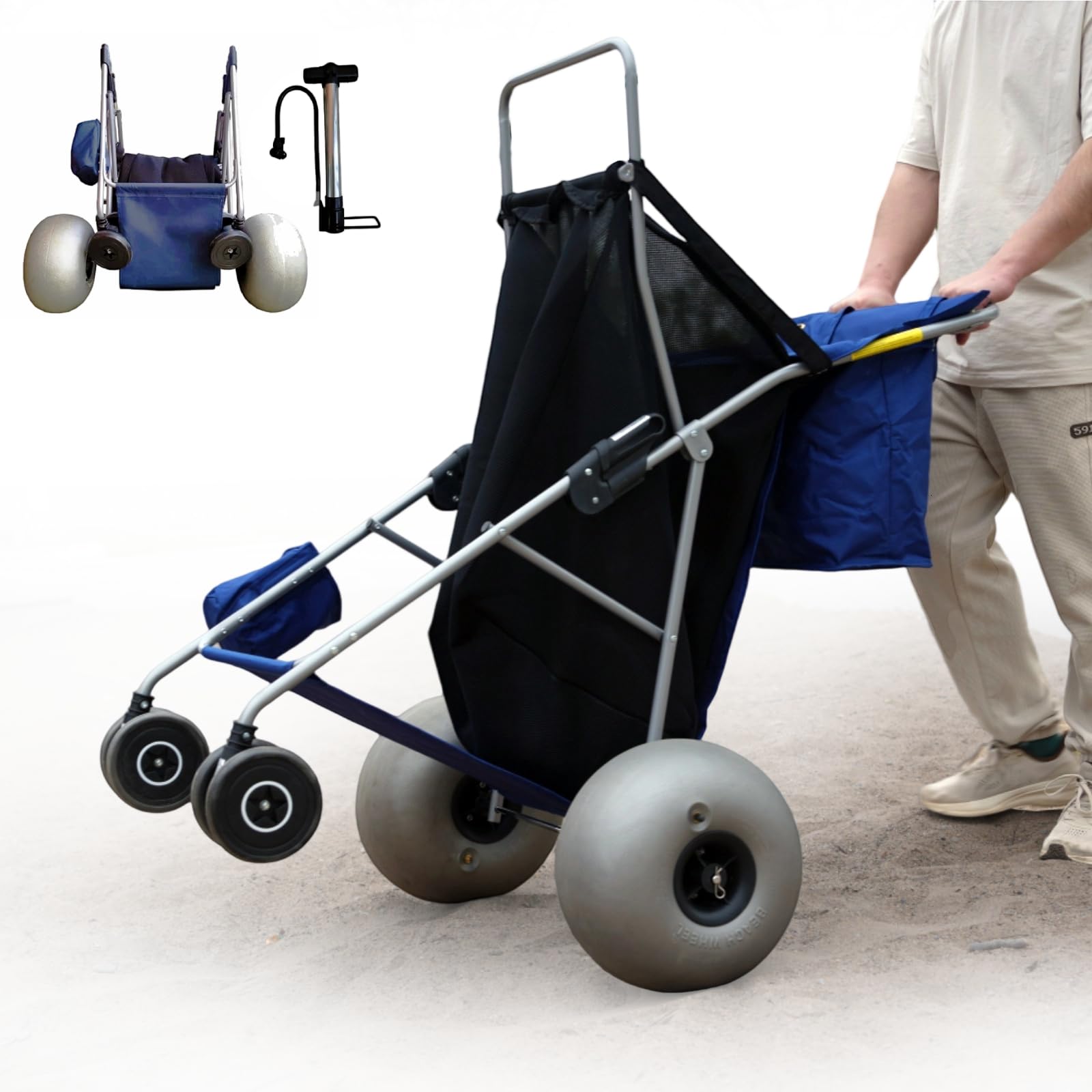 CRESTWALKER Beach Cart with 13 Balloon Wheels, Holds 4 Folding Chairs, Collapsible Buggy with Big Wheels for Sand, Pump Included