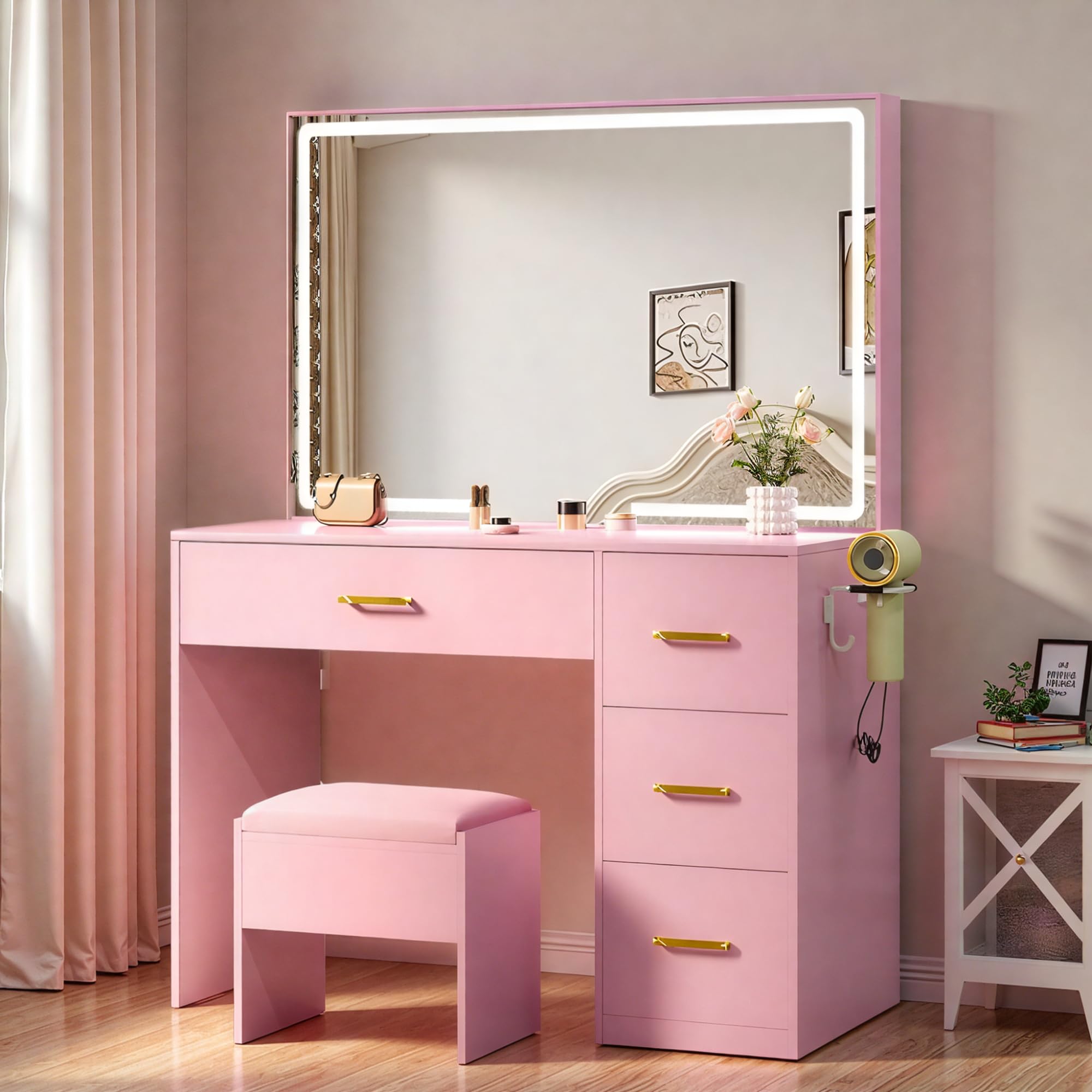 YITAHOME Makeup Vanity Desk with LED Lights: 35 Large Mirror with Power Outlets, 4 Drawers & Stool, Adjustable Lighting Dressing