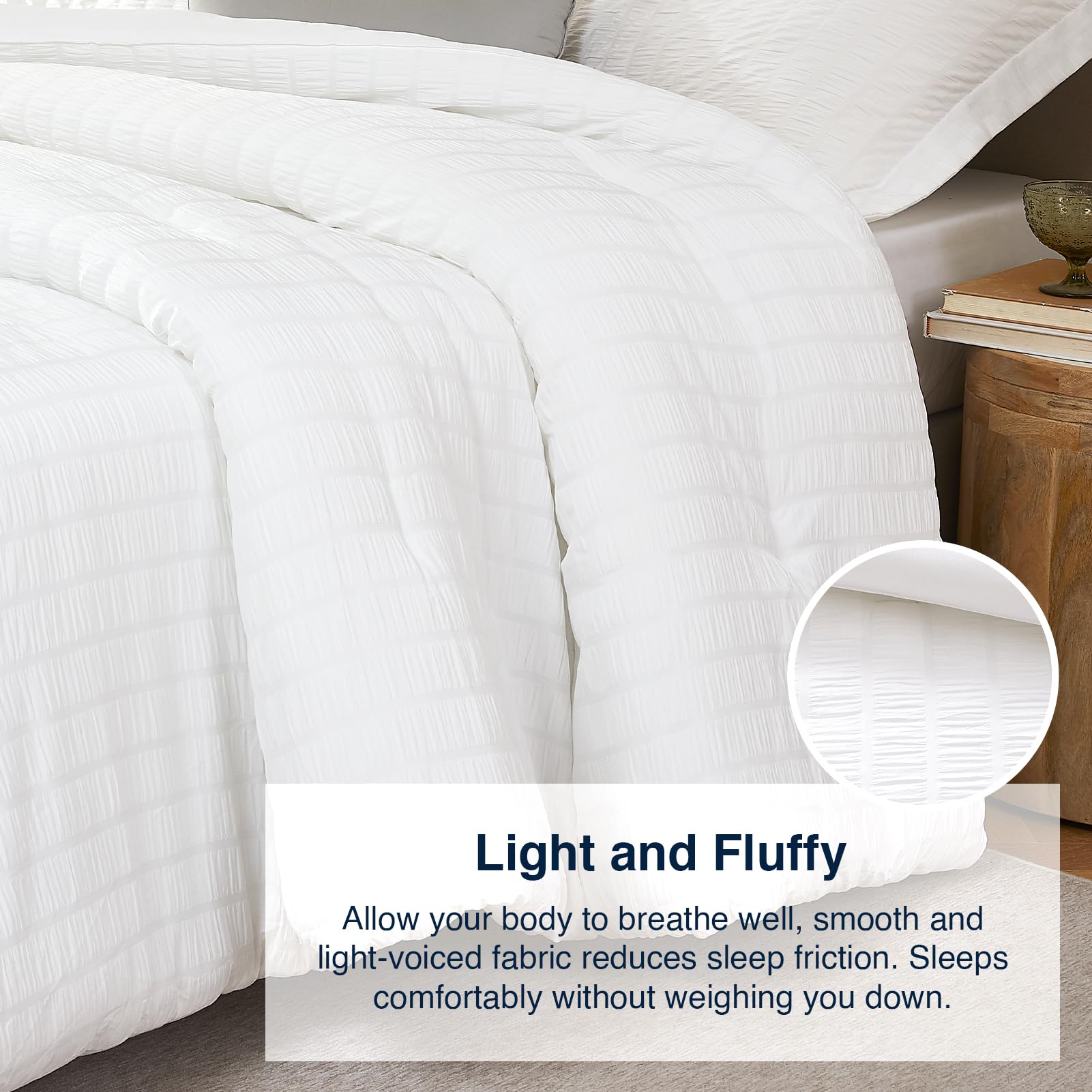 Quataly White Full Comforter Set - 3 Pieces Seersucker Lightweight Bedding Comforter Sets (1 Soft Fluffy Comforter & 2 Pillowcas
