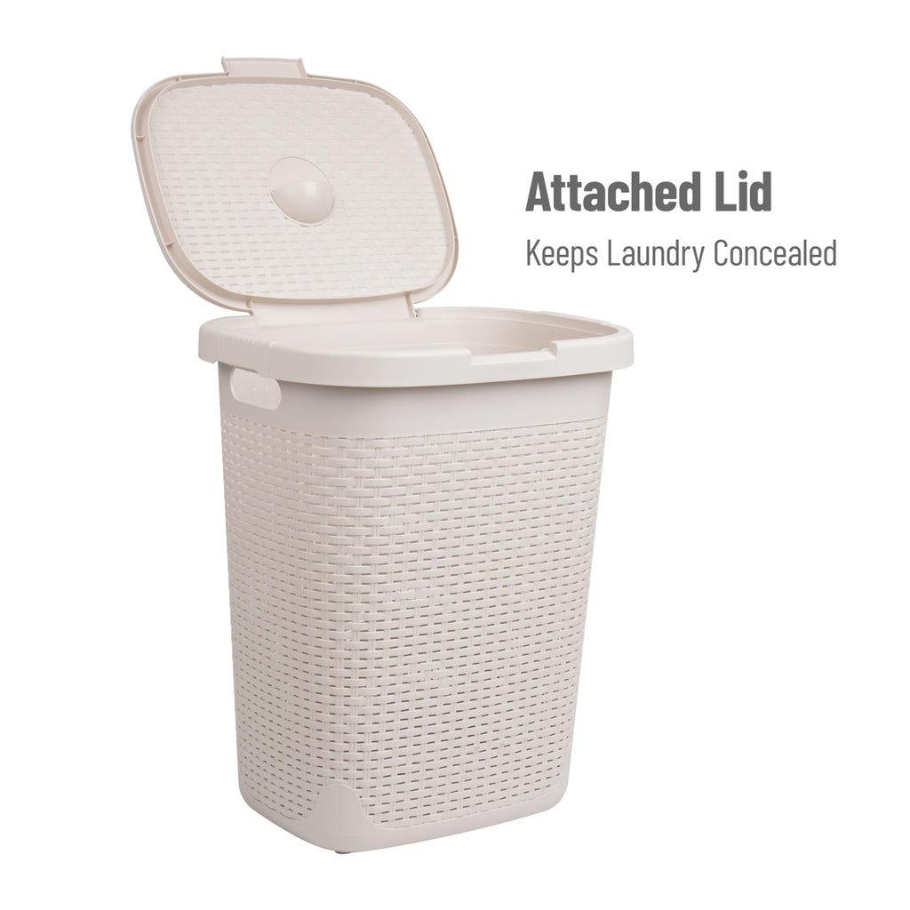 Mind Reader 50L Slim Laundry Hamper, Clothes Basket, Lid, Wicker Design, Plastic, 17.65'L X 13.75'W X 21'H, Ivory