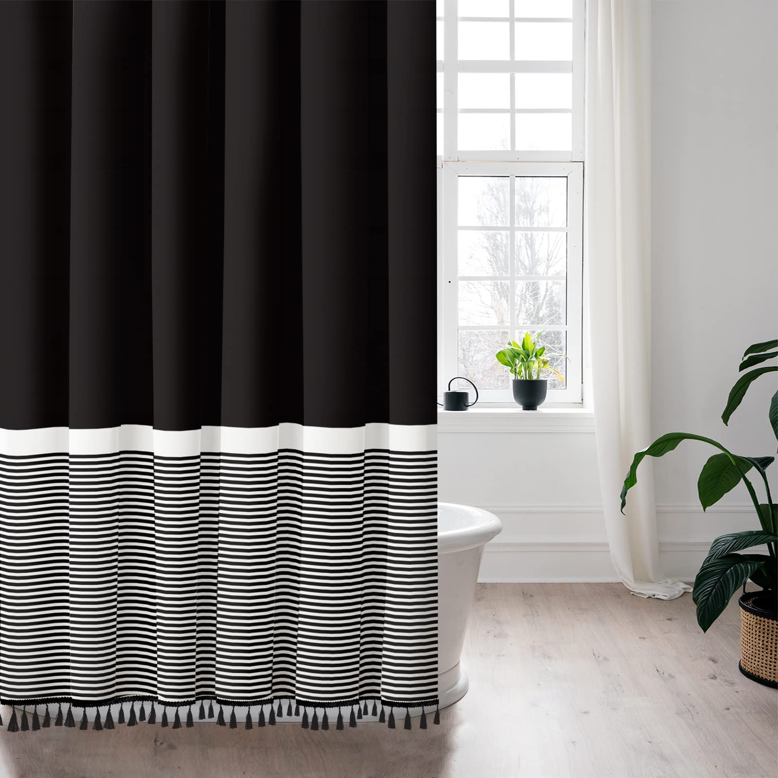 Seasonwood 84 Inch, Black White Striped With Black Tassels Modern Farmhouse Waterproof Cloth Shower Curtain Set