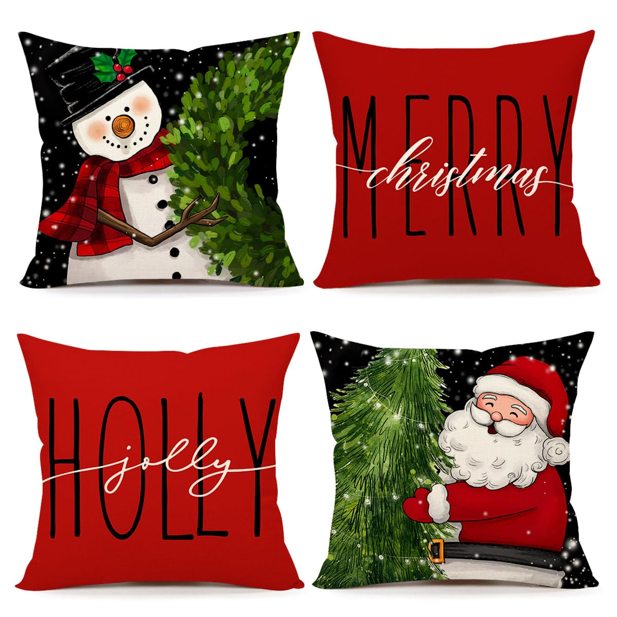 4Th Emotion Red Black Christmas Pillow Covers 20X20 Set Of 4 Farmhouse Xmas Decorations Snowman Wreath Santa Claus Tree Holly Jo