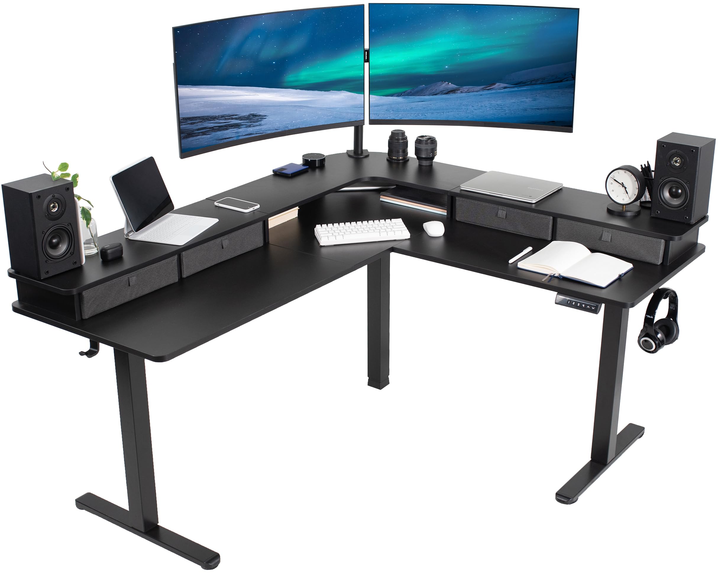 VIVO Electric 2-Tier Corner L-Shaped 63 x 55 inch Standing Desk, Height Adjustable, Memory Controller, Black Top Black Frame, Da