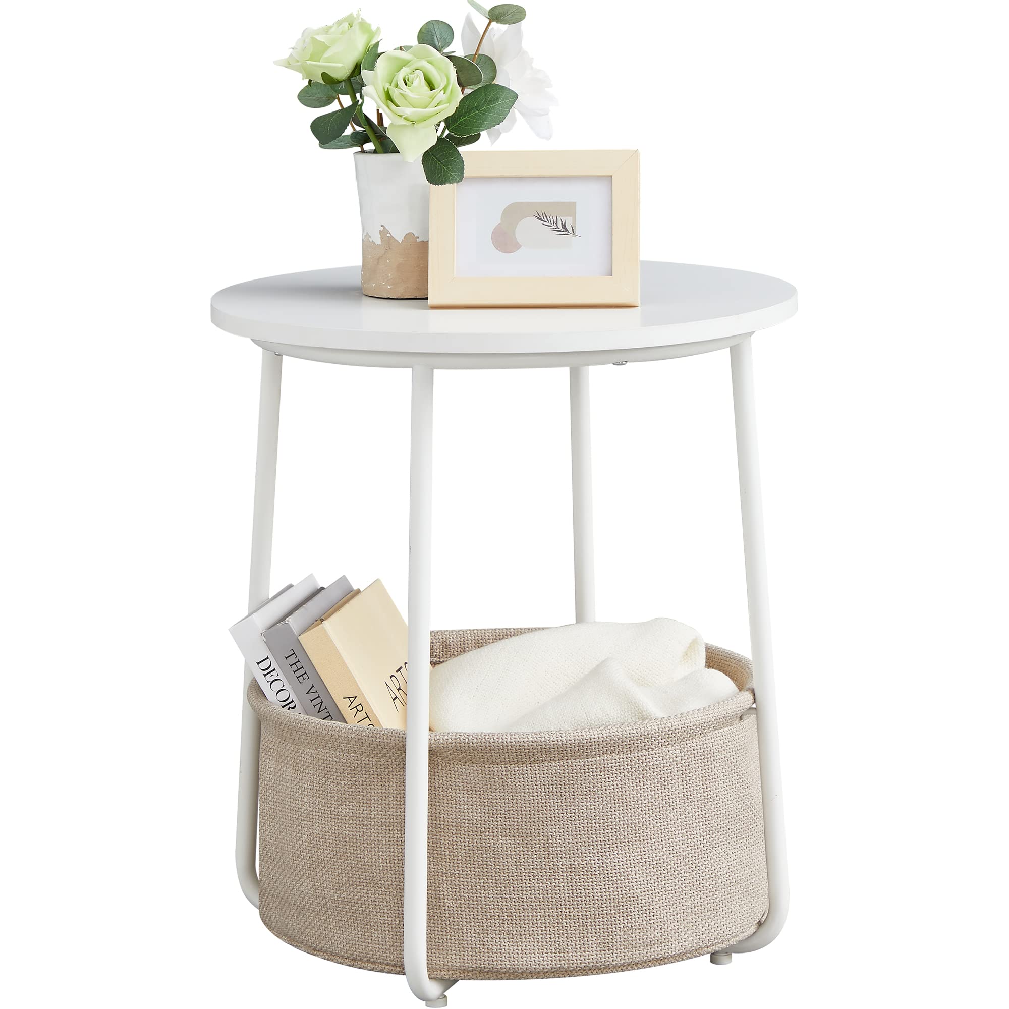 VASAGLE Small Round Side End Table, Modern Nightstand with Fabric Basket, Bedside Table for Living Room Bedroom, Classic White a