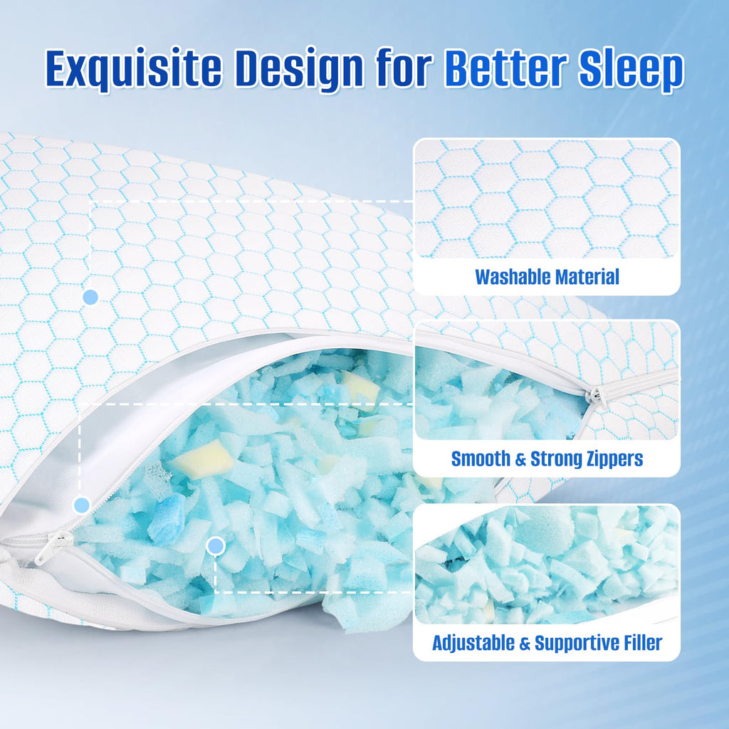 CushyOasis Shredded Memory Foam Pillow Set of 2, Adjustable Cooling Bed Pillow, King Size, Blue