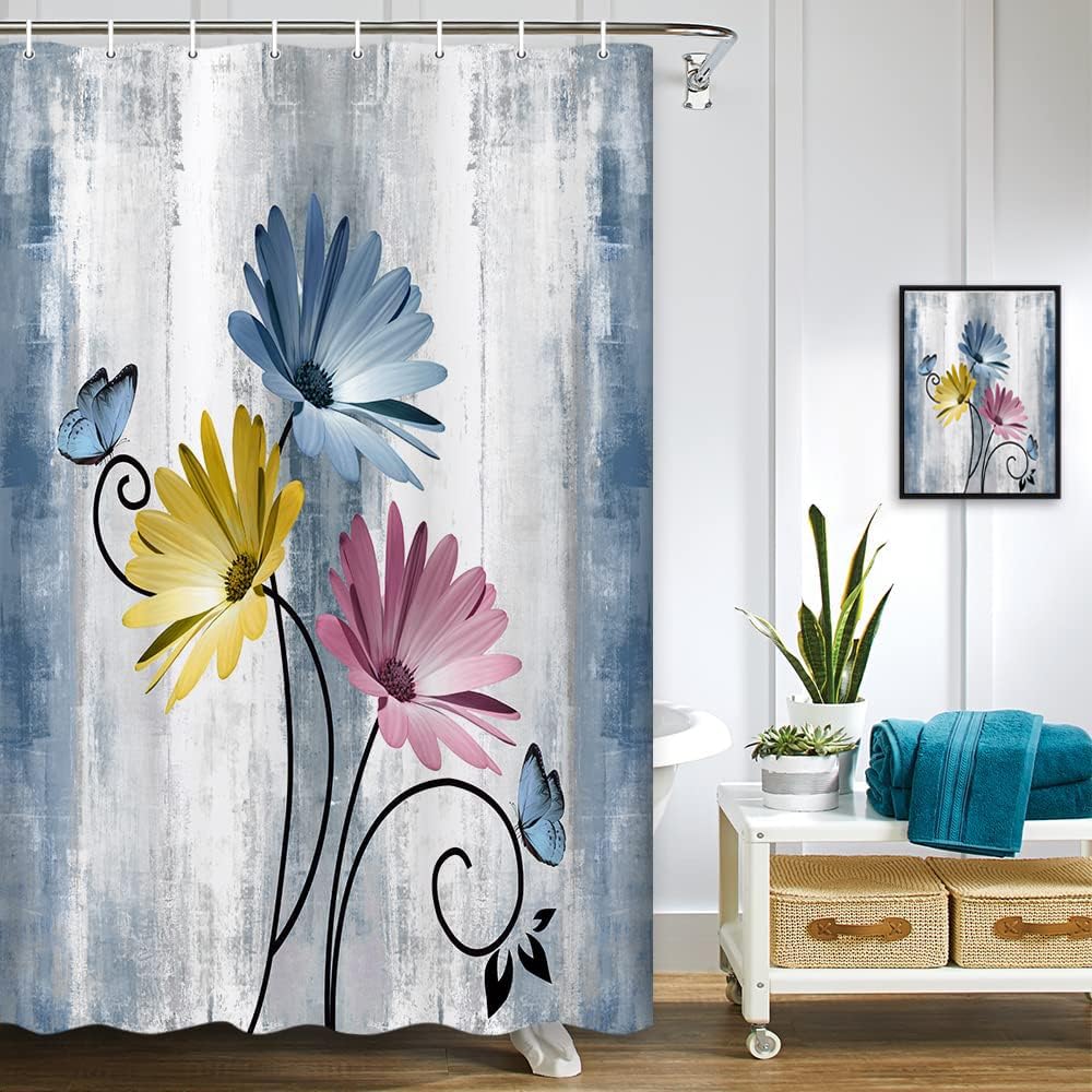 Rustic Farmhouse Shower Curtain, Farm Blue Daisy Floral Flowers and Butterfly on Country Wooden Shower Curtain for Bathroom, Tur