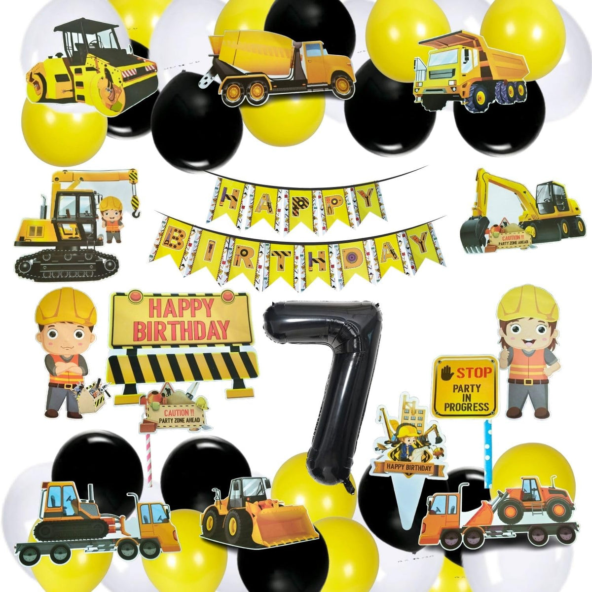 Fi  Flick In 47 Pcs Jcb Construction 7Th Birthday Decoration Set Of Happy Birthday Cardstock Paper Banner Transport Theme Dump 