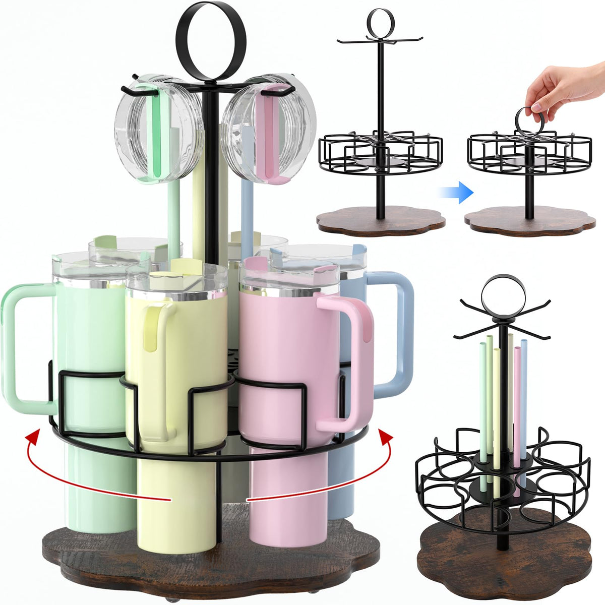 DTUQYX Water Bottle Organizer for Stanley Tumbler, Rotating Stanley Cup Organizer with Lid & Straw Racks, Stanley Cup Accessorie