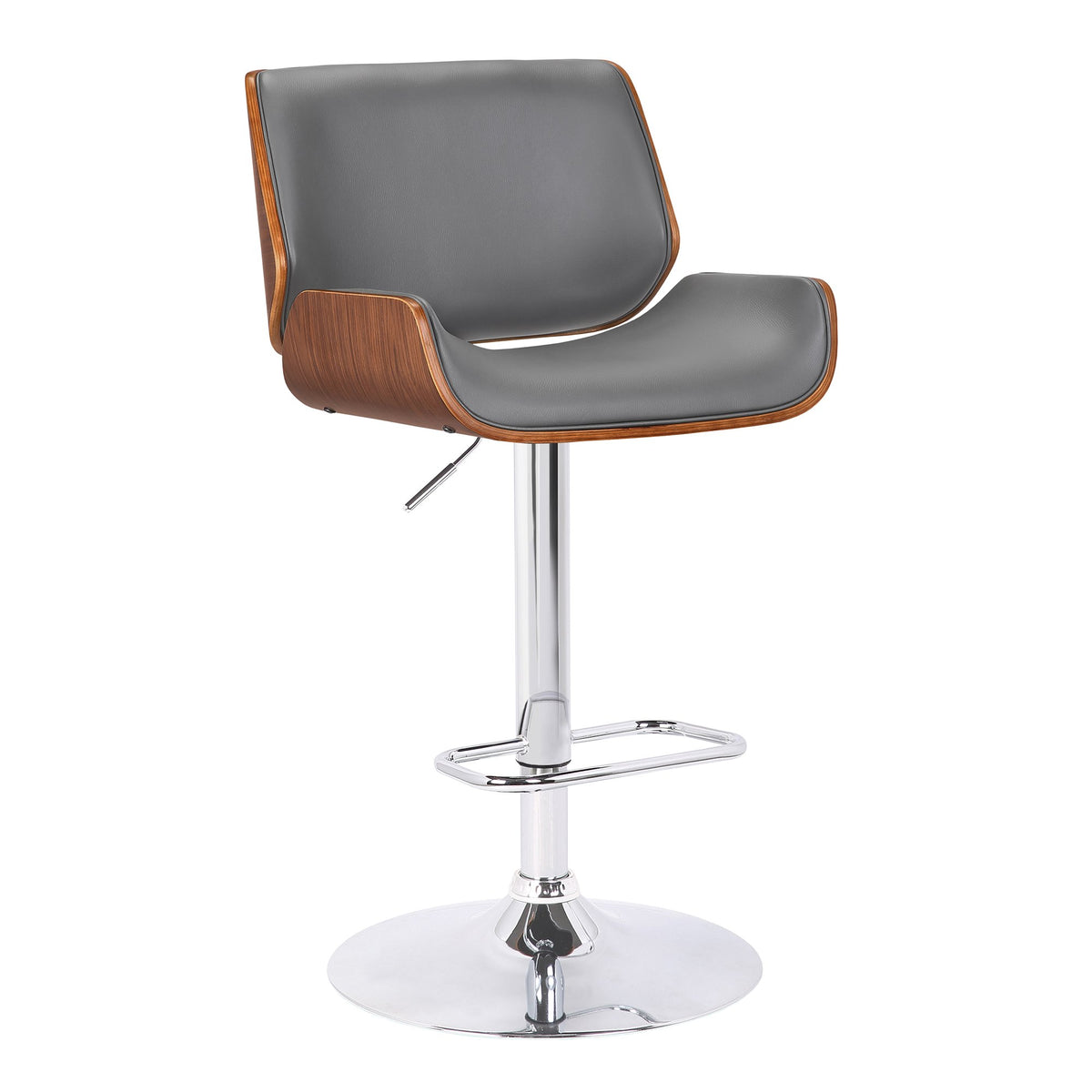 Armen Living London Modern Adjustable Height Swivel Gray Faux Leather and Walnut Wood Bar Stool with Chrome Base for Kitchen Isl