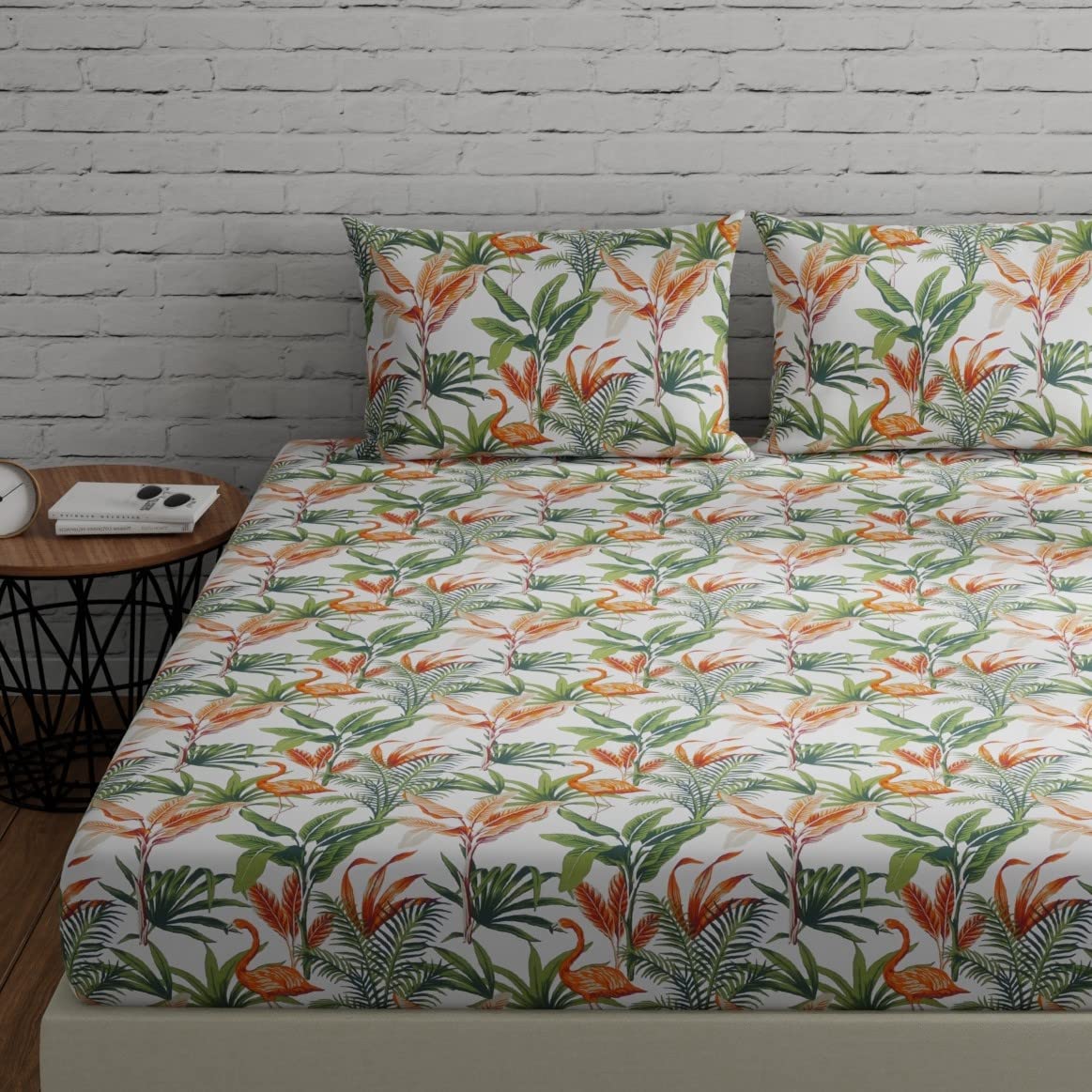Huesland By Ahmedabad Cotton 144 Tc Double Bedsheet Cotton With 2 Pillow Covers | Flamingos Orange