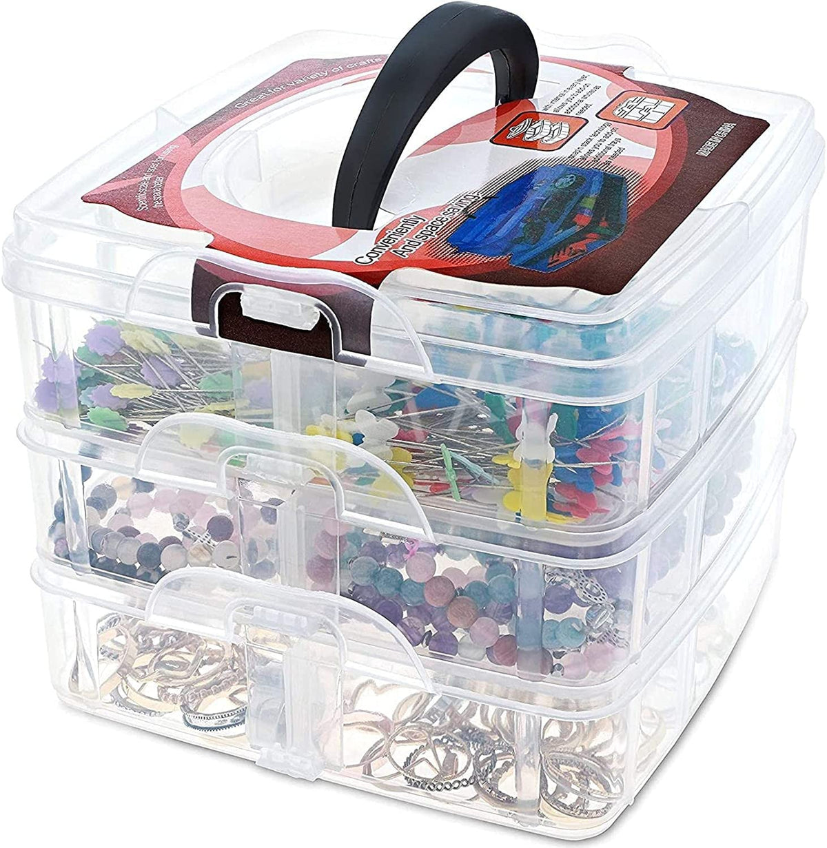 NETXE Plastic 3 Layer Stackable Craft Storage Organizer Case, Craf t Supplies Organize r with Adjustable Compartments for Access