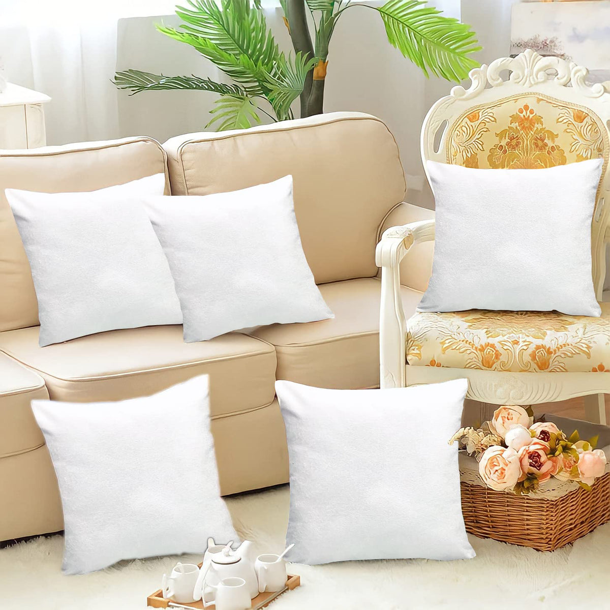 Fablooms Sparkle Plain Velvet Cushion Cover, Set Of 5 (16 X 16 Inch, White)