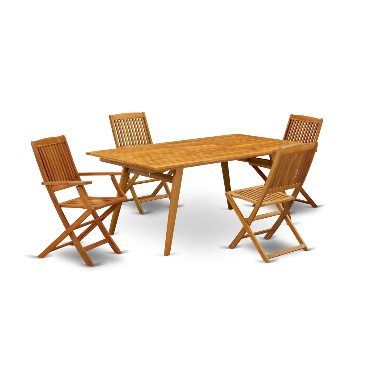 East West Furniture Decm52Cana 5 Piece Patio Bistro Dining Set Includes A Rectangle Outdoor Acacia Wood Table And 2 Folding Arm Chairs With 2 Side Chairs, 40X72 Inch, Natural Oil