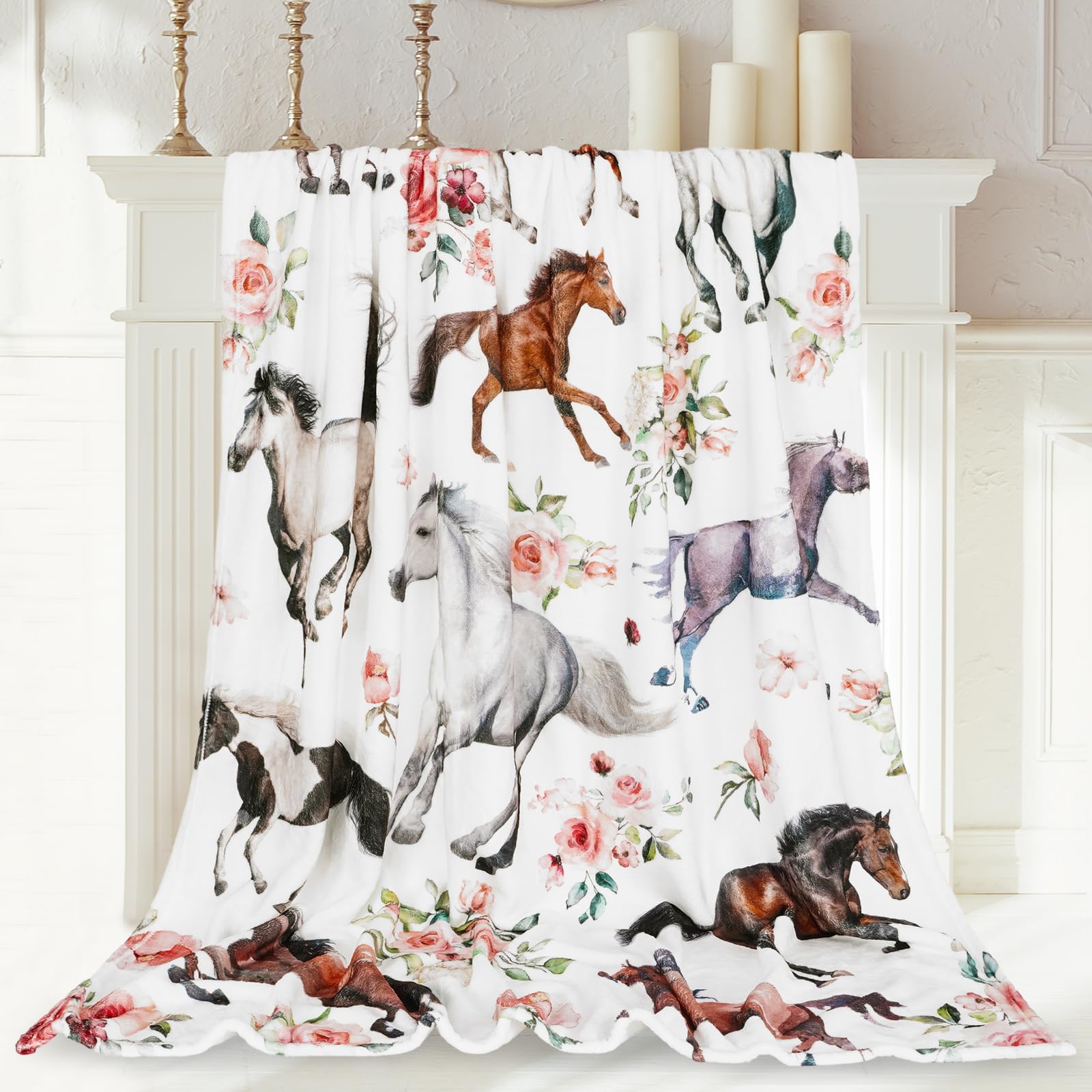 Jarthenaamcs Floral Horse Fuzzy Flannel Blanket 60 X 50 Inch Farmhouse Throw Blanket Watercolor Flower Cow Blanket For Home Chai