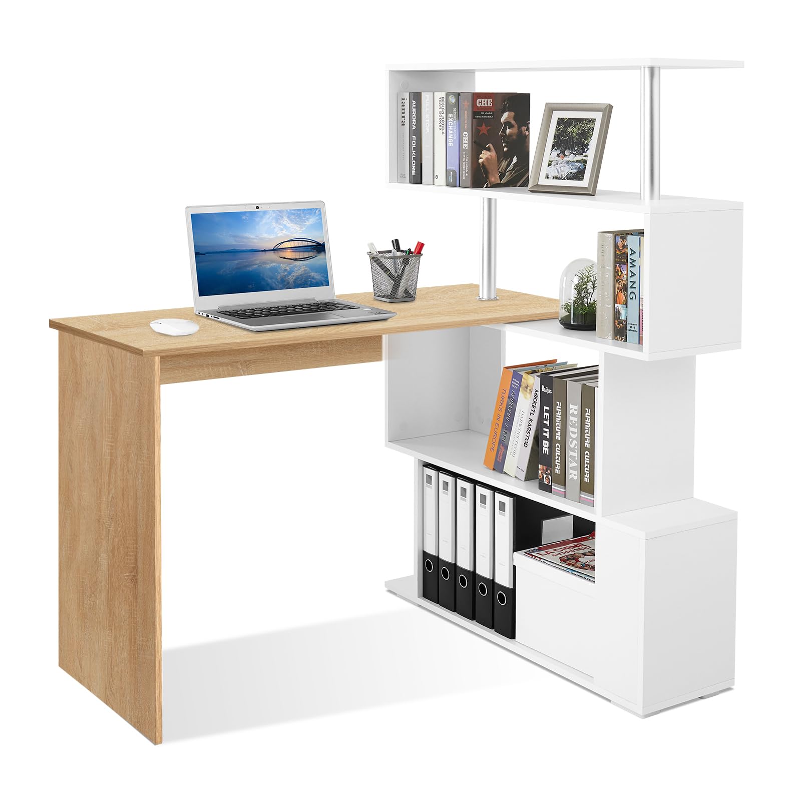 Mondeer 41.7 L Shaped Desk with 4-Tier Storage Shelves, Computer Corner Desk for Study Home Office Living Room (Oak and White)