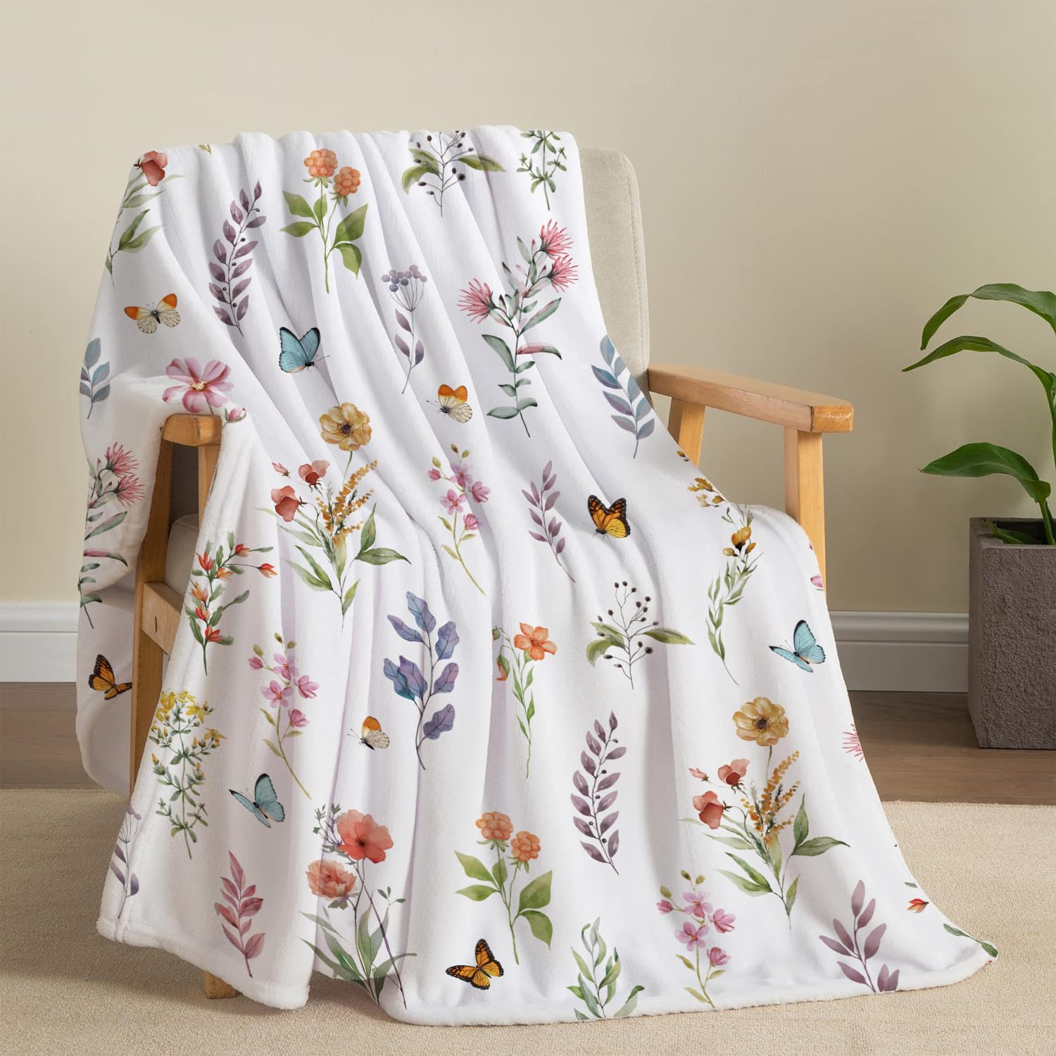 Bestraily Floral Flower Throw Blanket Botanical Plant Throw Blanket Colorful Flannel Fleece Throw Blanket Watercolor Butterfly C