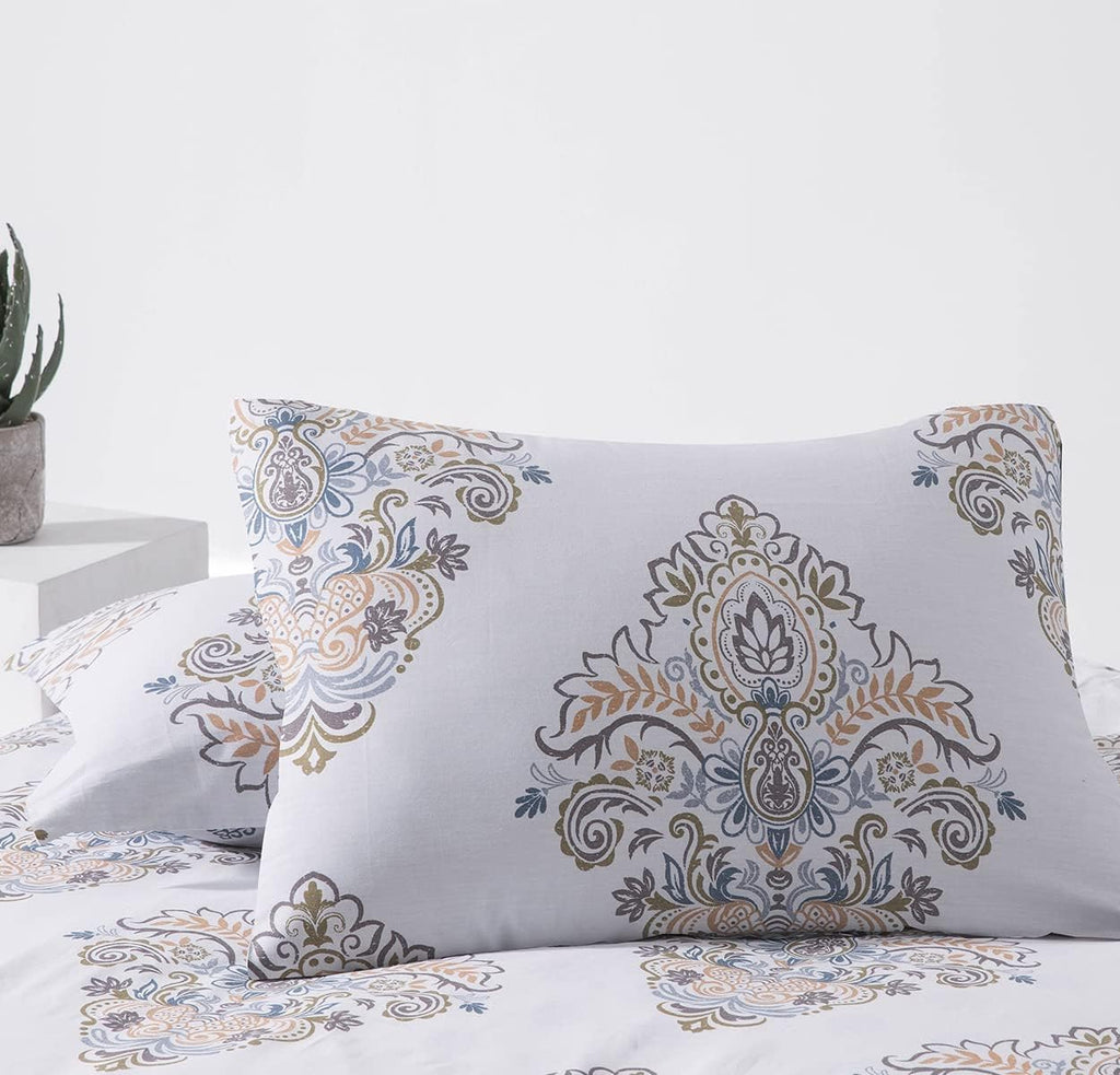 Sleepbella Comforter Twin Size, 600 Thread Count Cotton Yellow & Blue Damask With Taupe Brown Reversible Pattern White Comforter