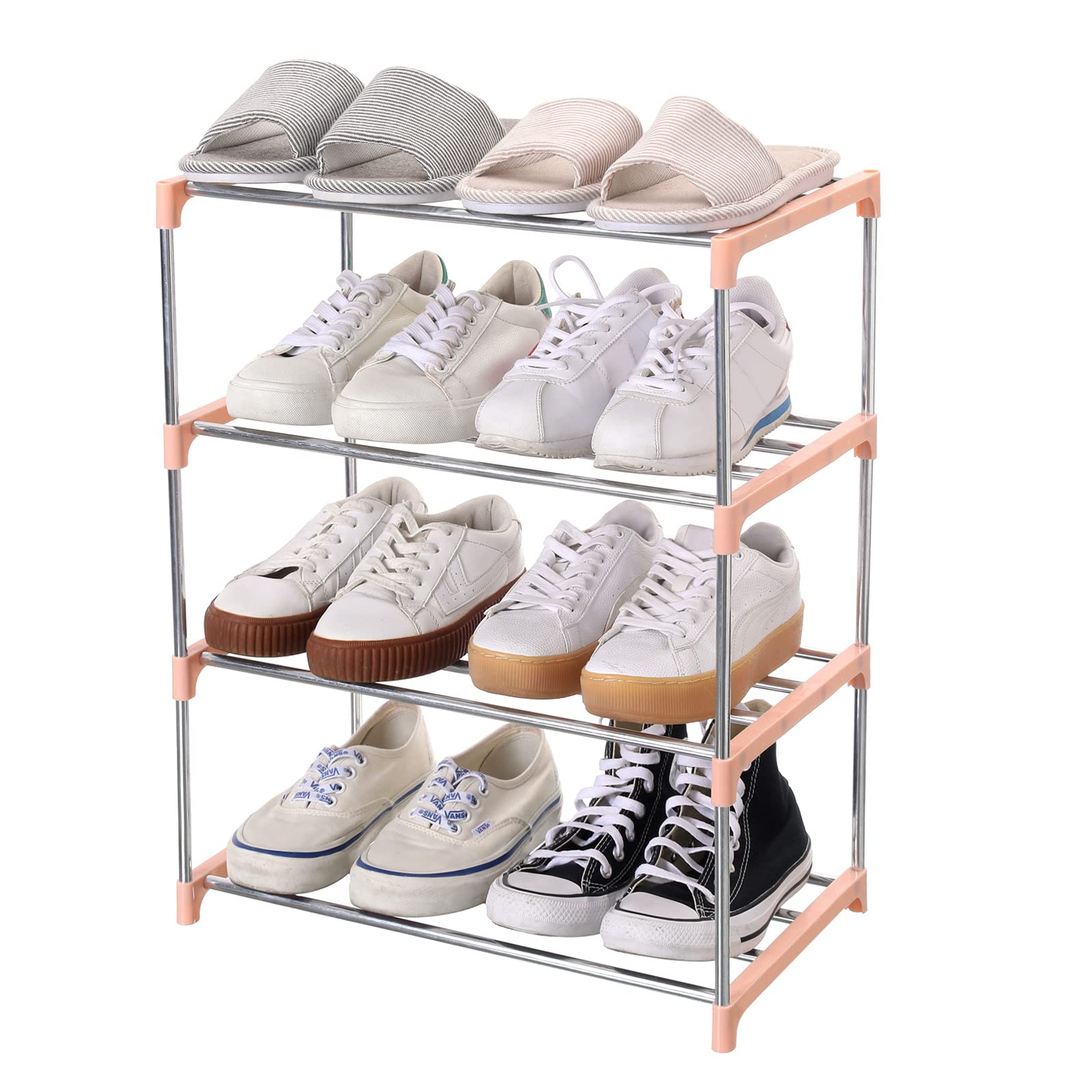 Jucaifu Stackable Small Shoe Rack, Entryway, Hallway and Closet Space Saving Storage and Organization (4-Tier, Pink)