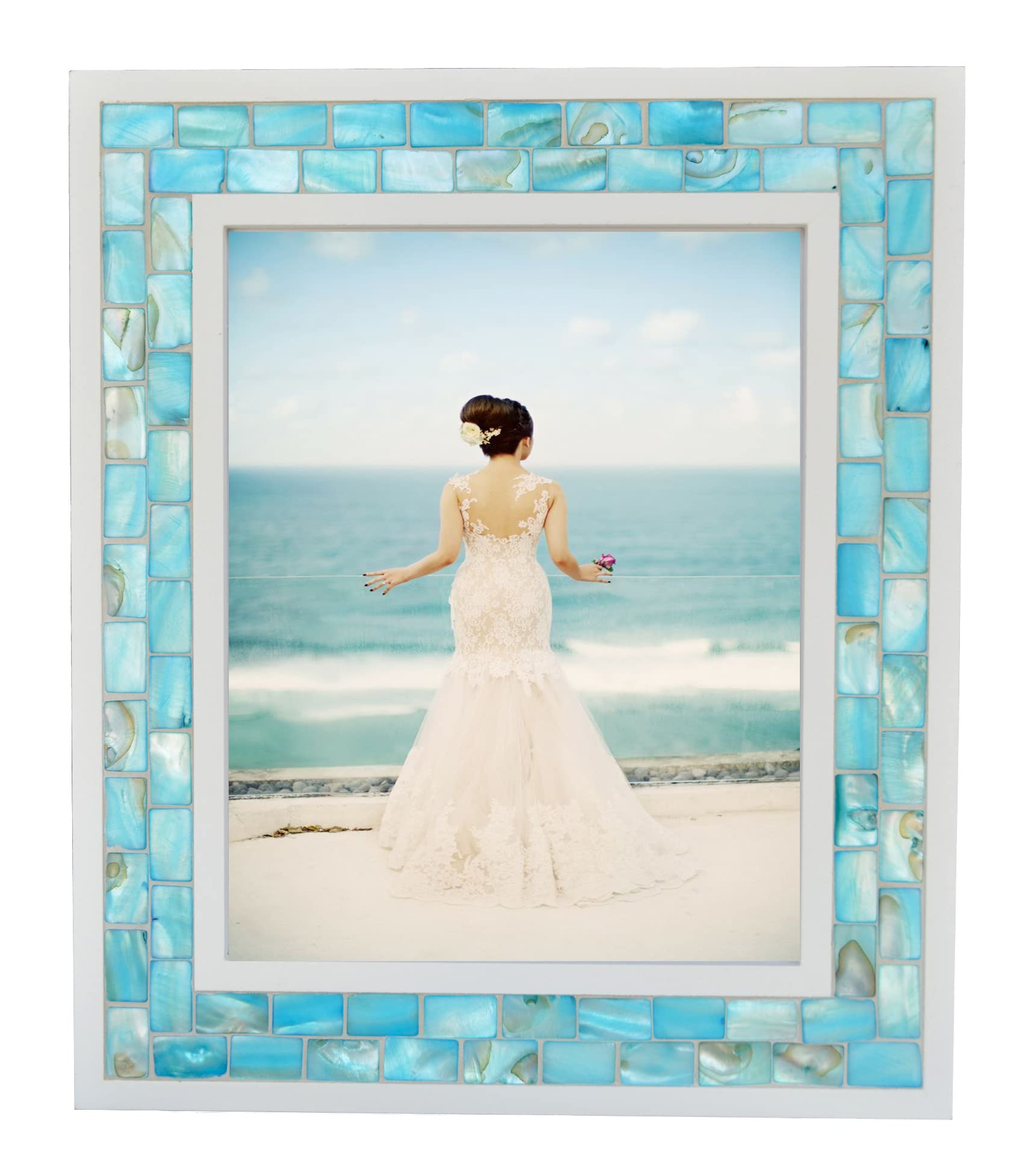 GIFTME 5 Beach Picture Frame 8x10,Mosaic Picture Frame Mother of Pearl,Turquoise Tabletop or Wall Hanging Photo Frame(8x10 inch,