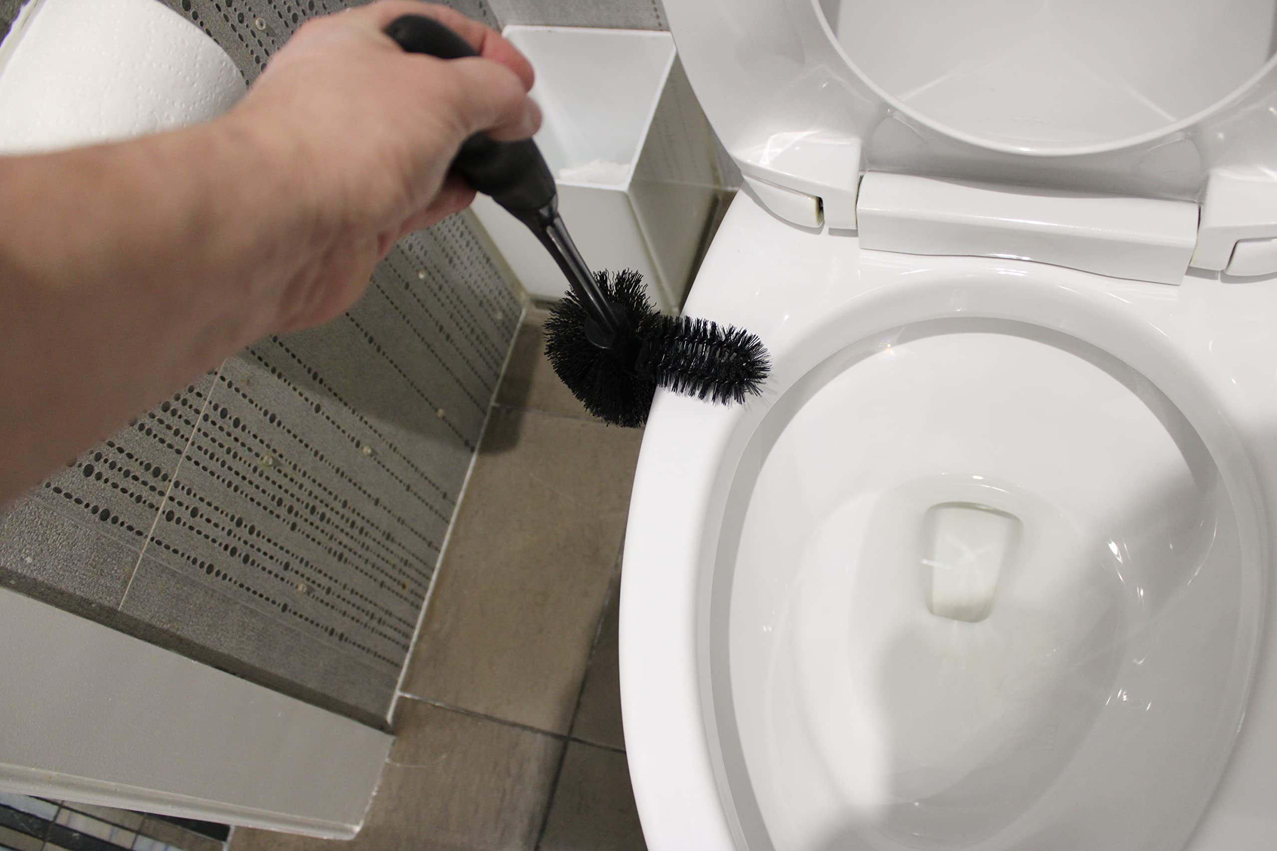 Comfort Rubber Ergonomic Grip Black Toilet Bowl Brush Under Rim Lip Brush And Storage Caddy For Bathroom