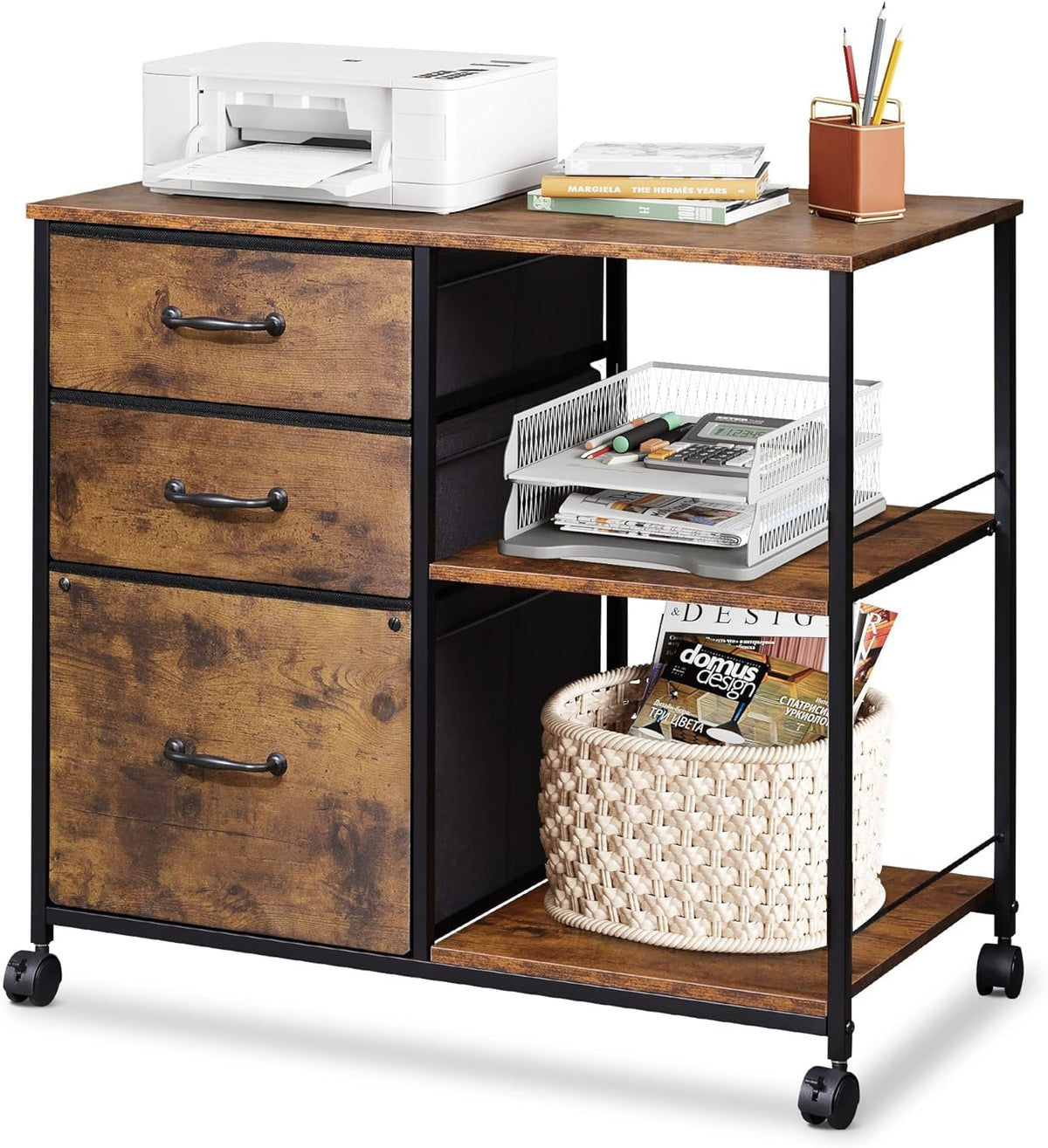 Devaise 3 Drawer Mobile File Cabinet, Rolling Printer Stand With Open Storage Shelf, Fabric Lateral Filing Cabinet Fits A4 Or Letter Size For Home Office, Rustic Brown Wood Grain Print