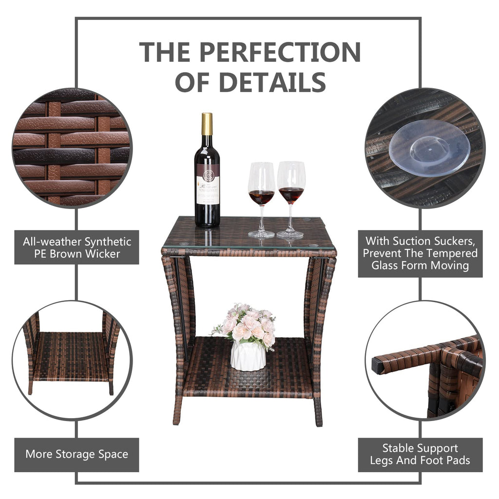 Vingli Outdoor Wicker Side Table Patio Side Tables For Outside, Tempered Glass Top Wicker Table With Storage End Table For Balcony Porch Deck (Brown)