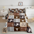 Manfei Western Cowboy Comforter Set Twin Size, Bull Skull Horse Arrow Print Quilt Set With 1 Pillowcase, Geometric Grid Brown Pl