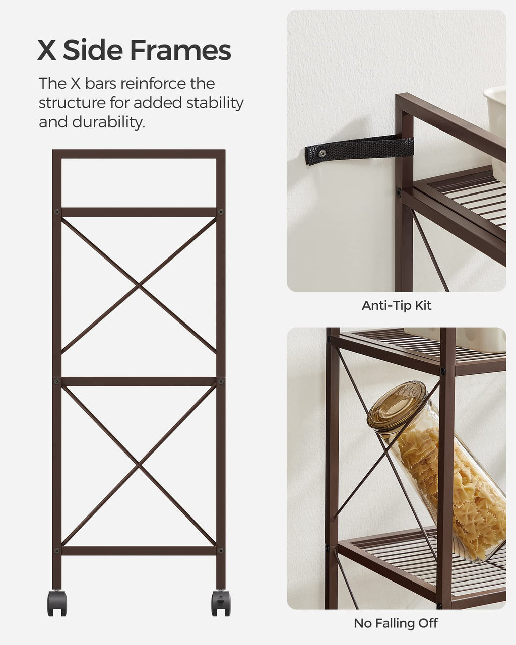 Songmics 3-Tier Metal Storage Rack With Wheels, Mesh Shelving Unit With X Side Frames, 23.6-Inch Width, For Entryway, Kitchen, Living Room, Bathroom, Industrial Style, Metallic Bronze Ubsc163A01
