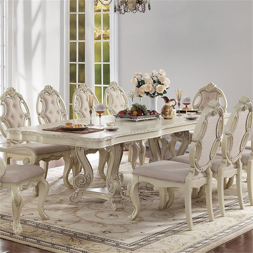 Acme Ragenardus Wooden Extendable Pedestal Dining Table in Antique White