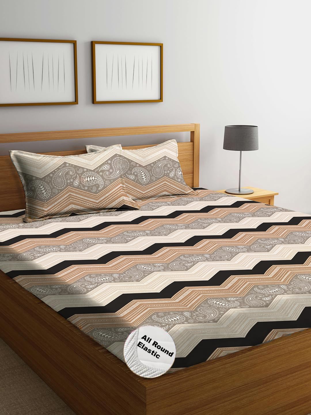 THE HOME STYLE Cotton Feel Glace Cotton Elastic Fitted Printed Queen Size Double Bed Bedsheet with 2 Pillow Cover Fits Upto 8 In