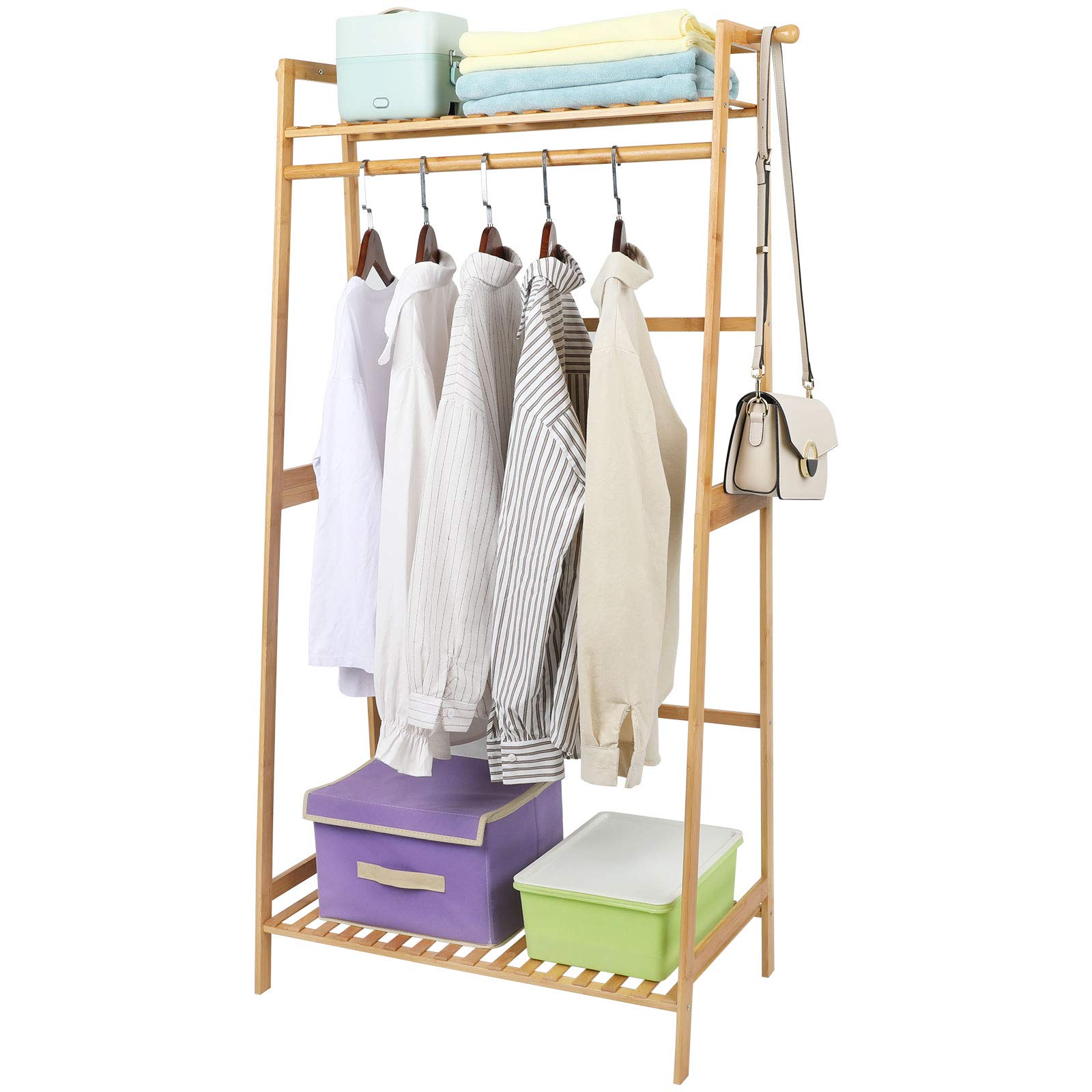 Ufine Bamboo Clothes Hanging Rack with 2 Tier Storage Shelves and 2 Coat Hooks Portable Laundry Rack Cloest Organizer Garment Ra