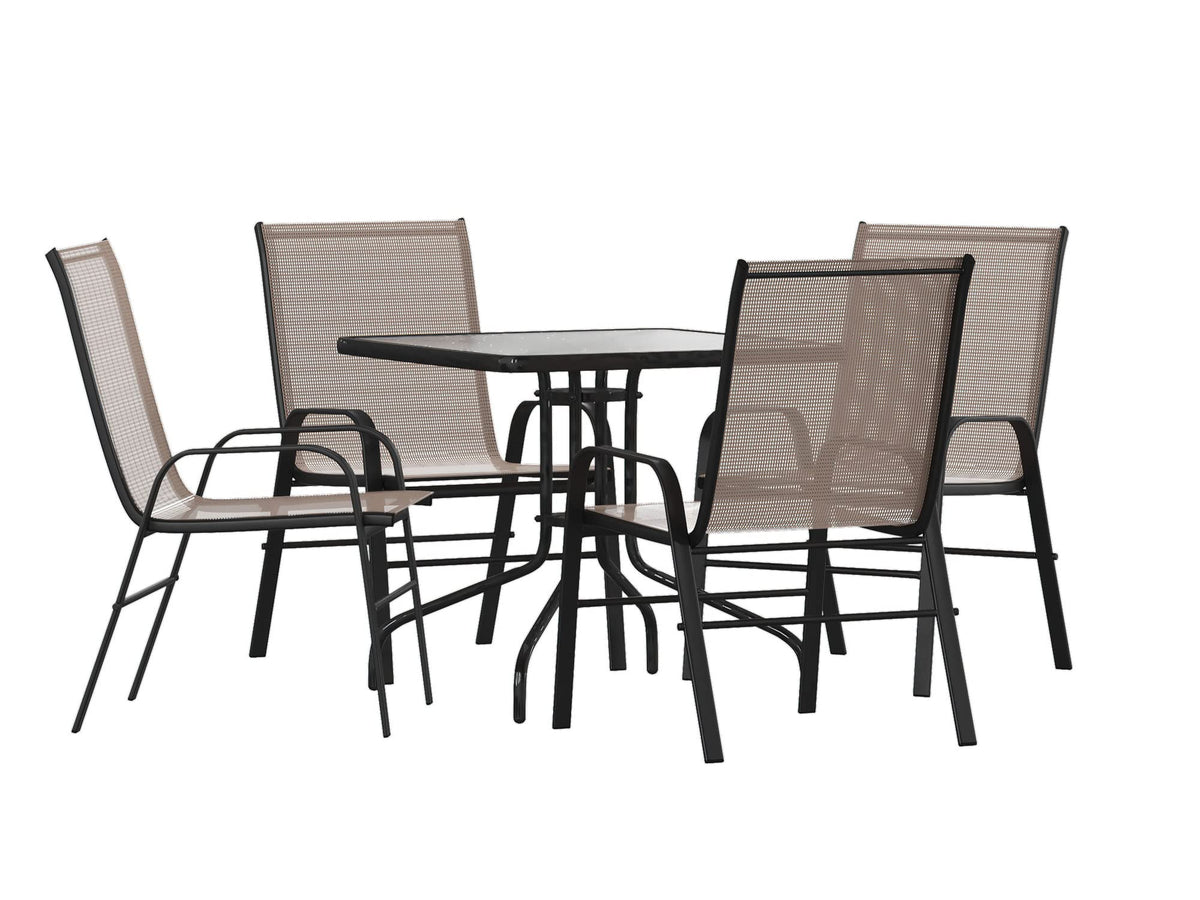 Flash Furniture 2 Flex Comfort Stack Chairs, 23.5" Square Tempered Glass Patio Table, Brown