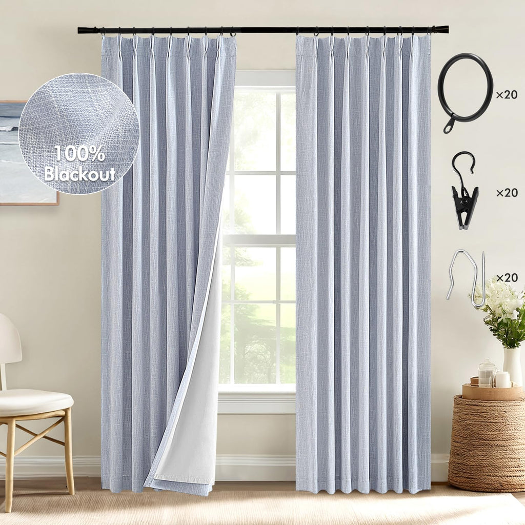 MIULEE Chambray Blue Pinch Pleated 100% Blackout Linen Curtains 90 Inch Length 2 Panels Set, Pleat Curtain with Pin Hooks, Black