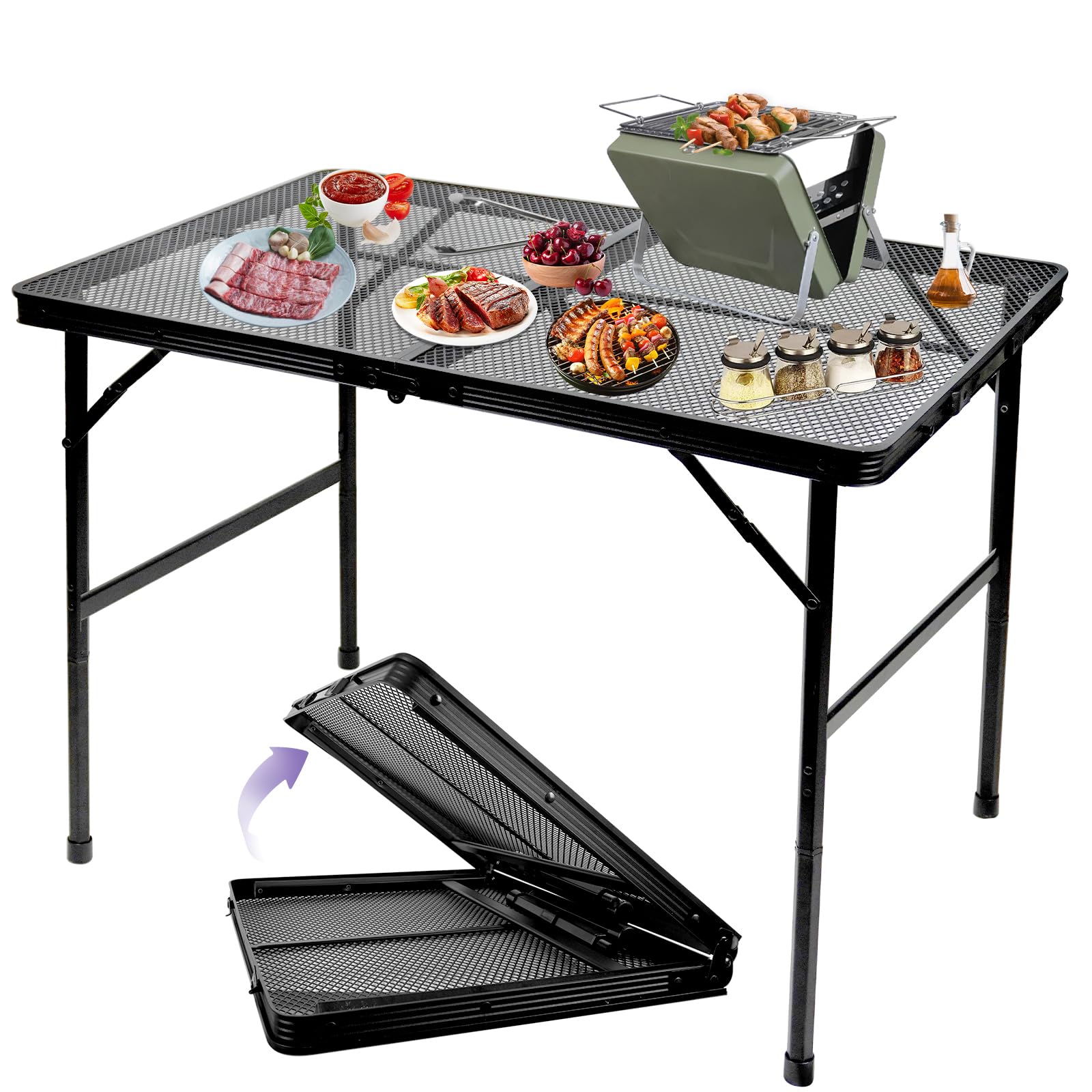 Brian & Dany 3X2 Ft Folding Grill Table Camping Table, Metal Portable Picnic Table, Lightweight Height Adjustable Foldable Table For Outdoor, Black