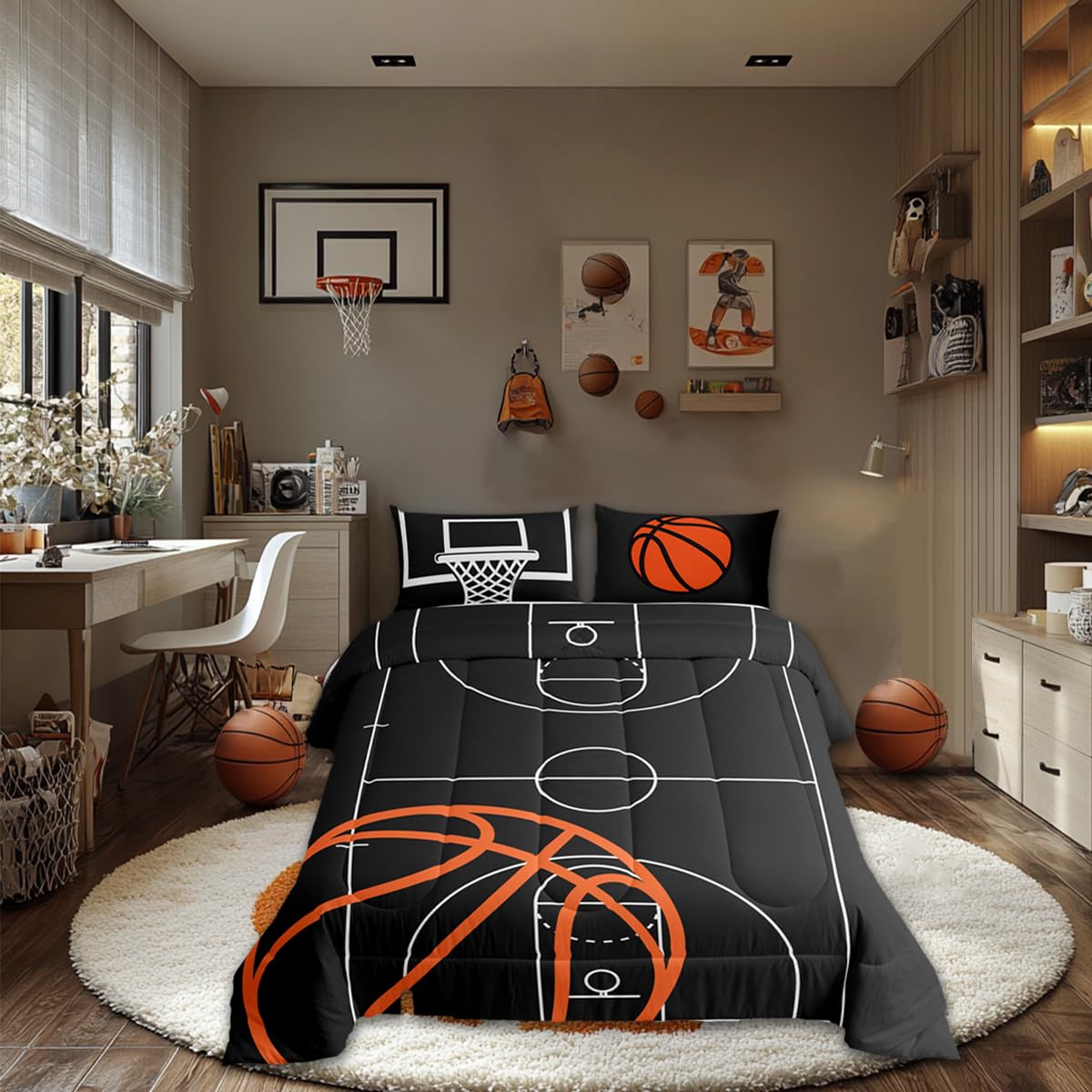 Castle Fairy Basketball Court Print Queen Size Comforter Set,Ball Sports Games Themed Down Alternative Adults Bedroom Decor,Oran