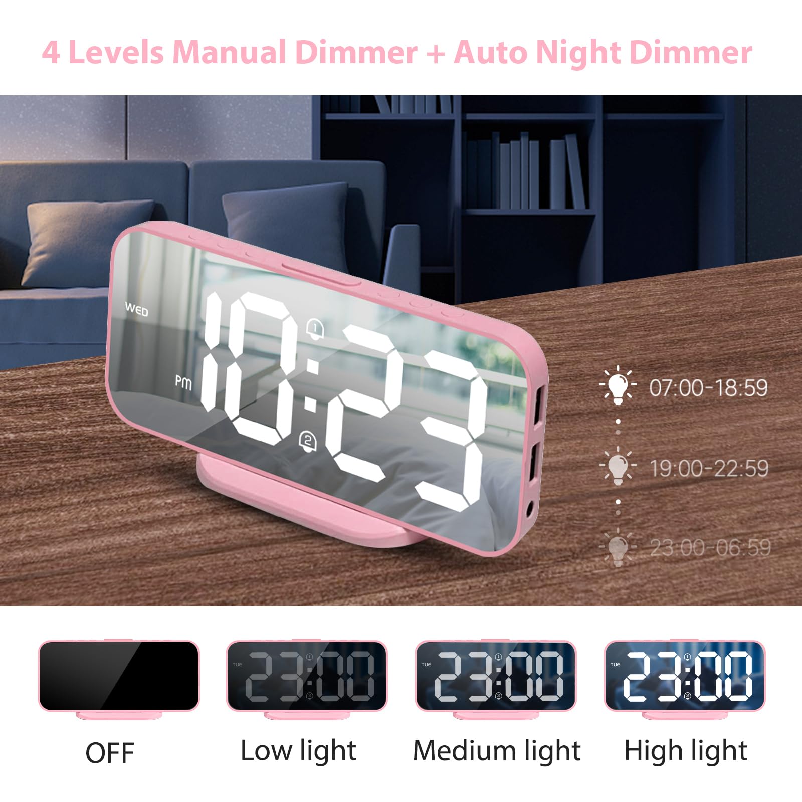 Alanas Digital Alarm Clock With Dual Alarms, Mirror Led Bedroom Alarm Clocks For Kids, Adjustable Brightness, Snooze, 2 Usb Port