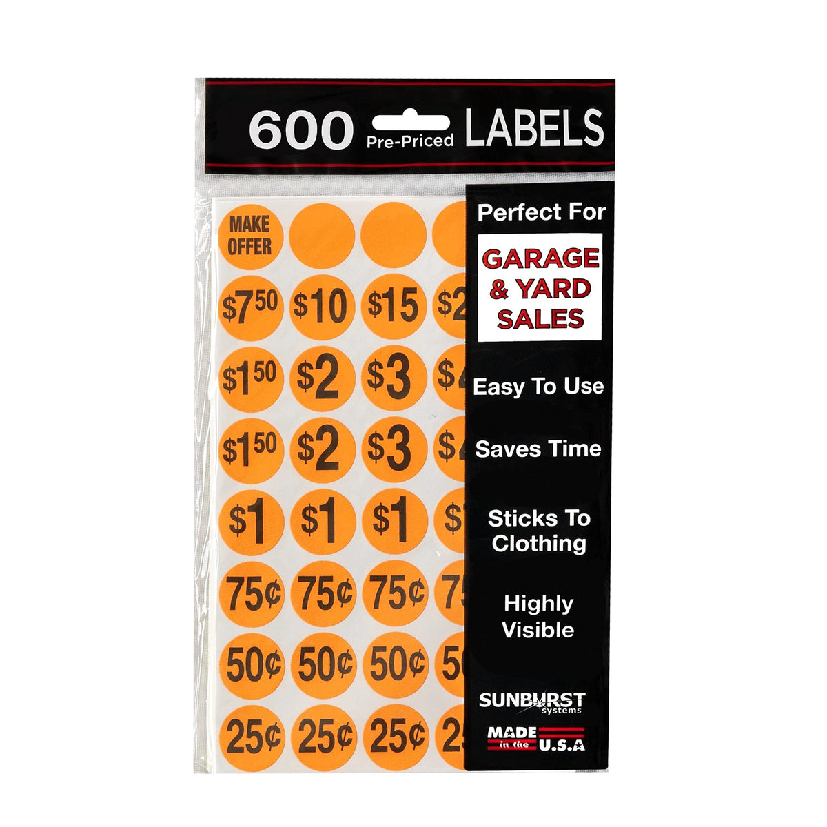Sunburst Systems 7050, Orange, Garage Sale Preprinted Price Stickers, 600 Count, Ct
