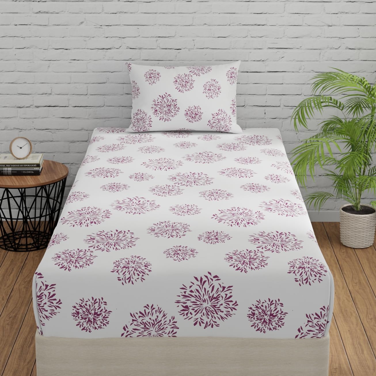 Huesland By Ahmedabad Cotton 144 Tc Cotton Bedsheet Single Bed With 1 Pillow Cover  White (Mauve Print)