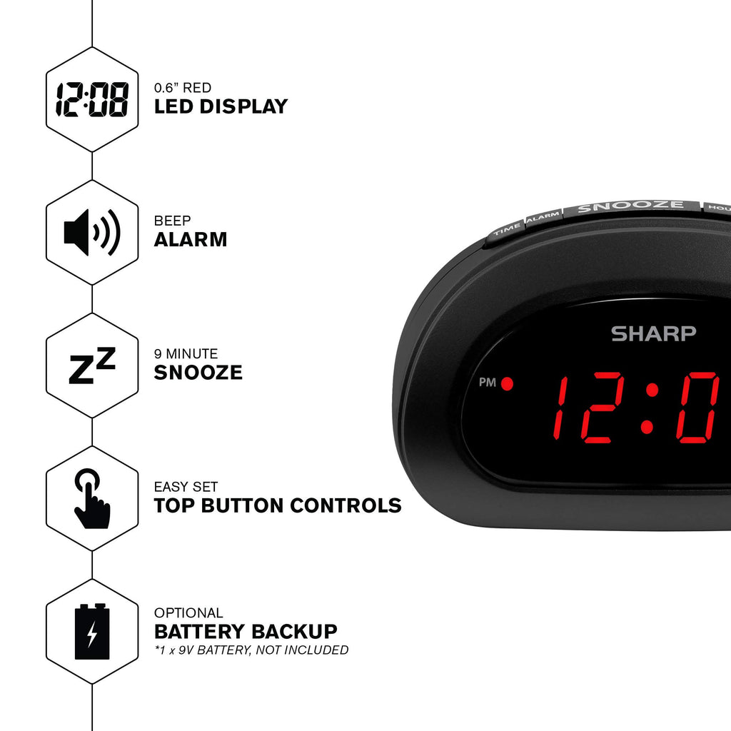 Sharp SPC089A Digital Alarm Clock Black Plastic Compact Bedside Clock with Red LED Display