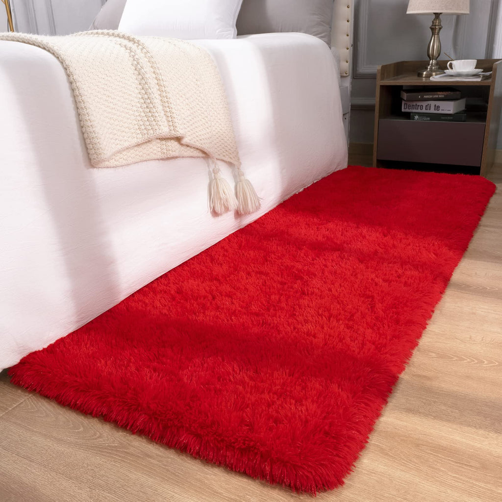 Detum Red Rug 2X6 Feet - Fluffy Red Runner Rugs For Bedroom Shaggy 2' X 6' Living Room Rug Soft Rugs For Kids Room Non-Slip Nurs