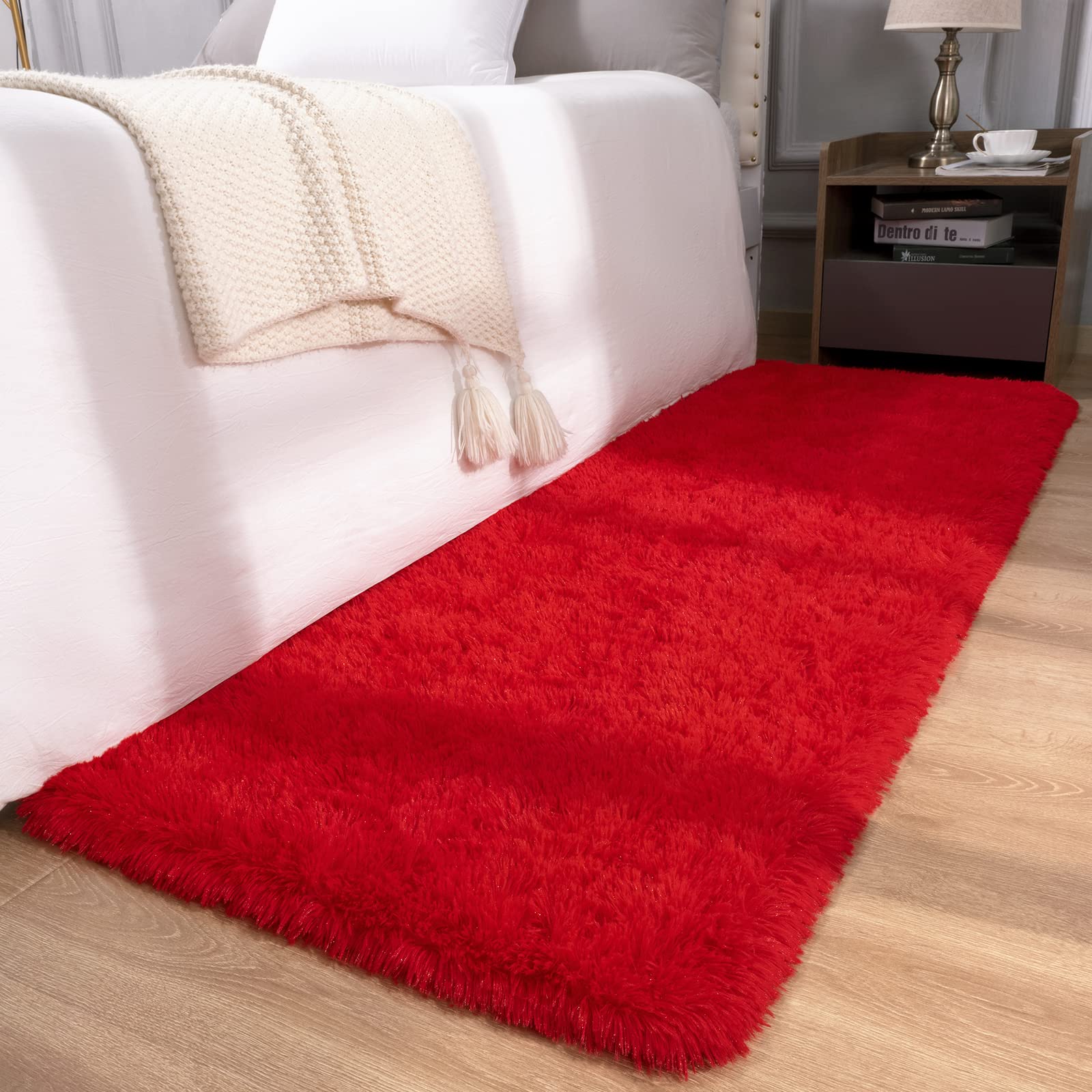 Detum Red Rug 2X6 Feet - Fluffy Red Runner Rugs For Bedroom Shaggy 2' X 6' Living Room Rug Soft Rugs For Kids Room Non-Slip Nurs