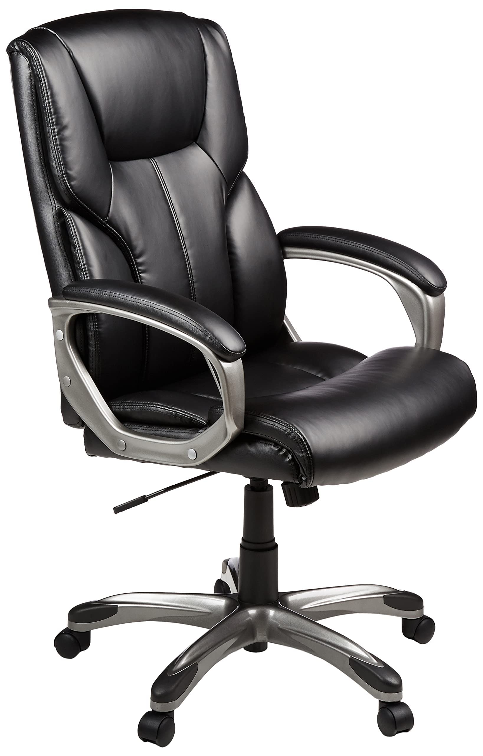 Amazon Basics Executive High Back Office Chair, Adjustable Height, Tilt, Swivel, Padded Seat, Bonded Leather, Wheels, Black/Silv