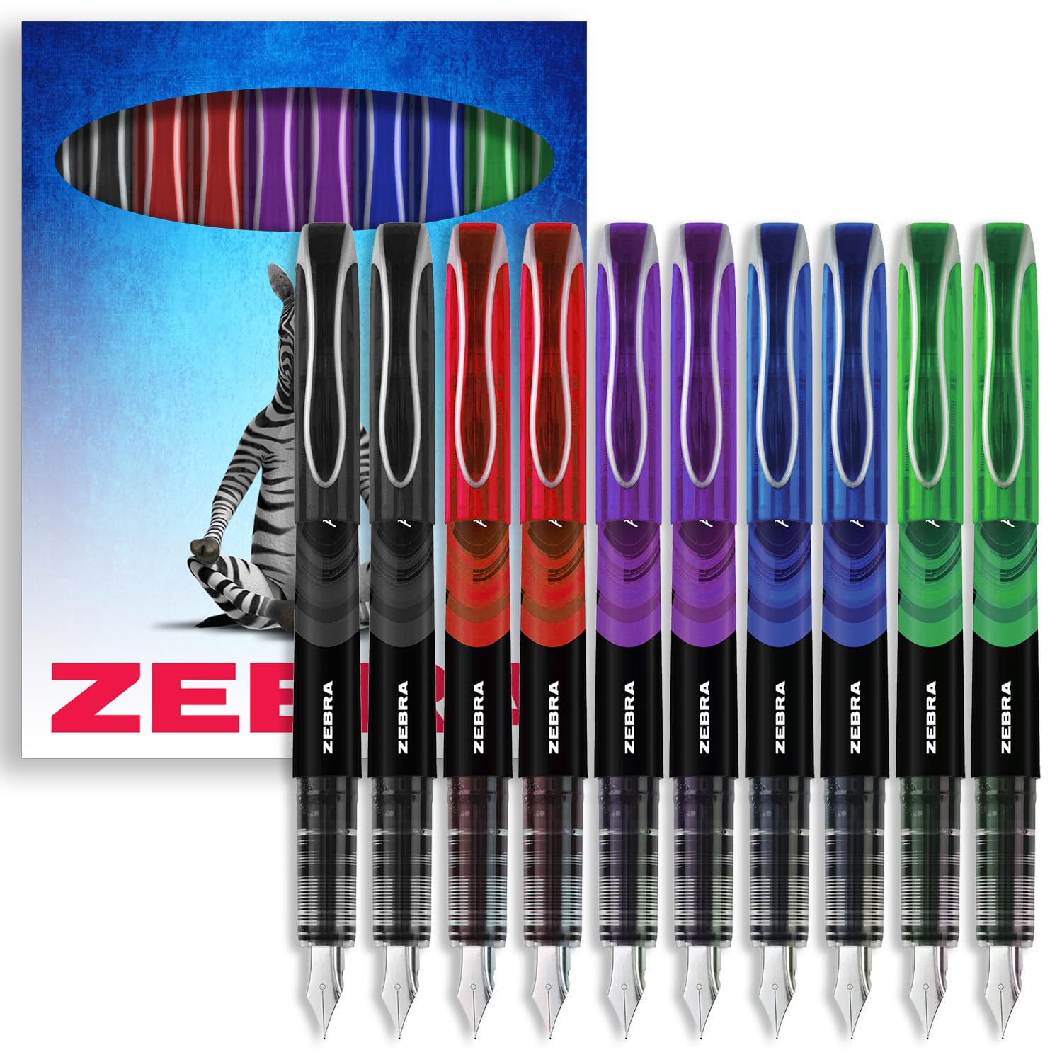 Zebra Fuente - Disposable Fountain Pen - Black, Blue, Red, Green & Violet Coloured Ink - Pack Of 10