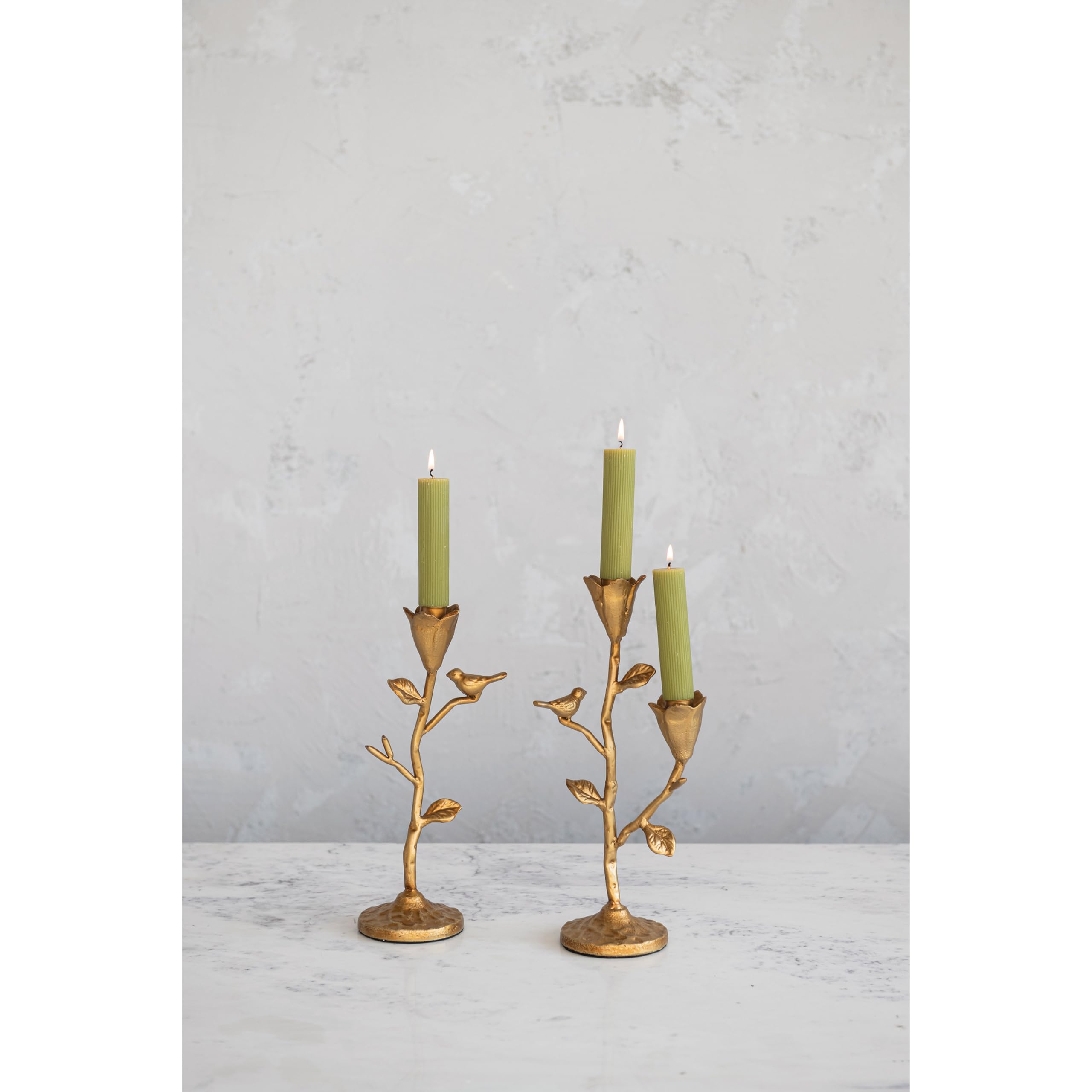 Creative Co-Op Hand-Forged Cast Iron Candelabra With Flowers And Bird, Holds 2, Gold Taper Holder